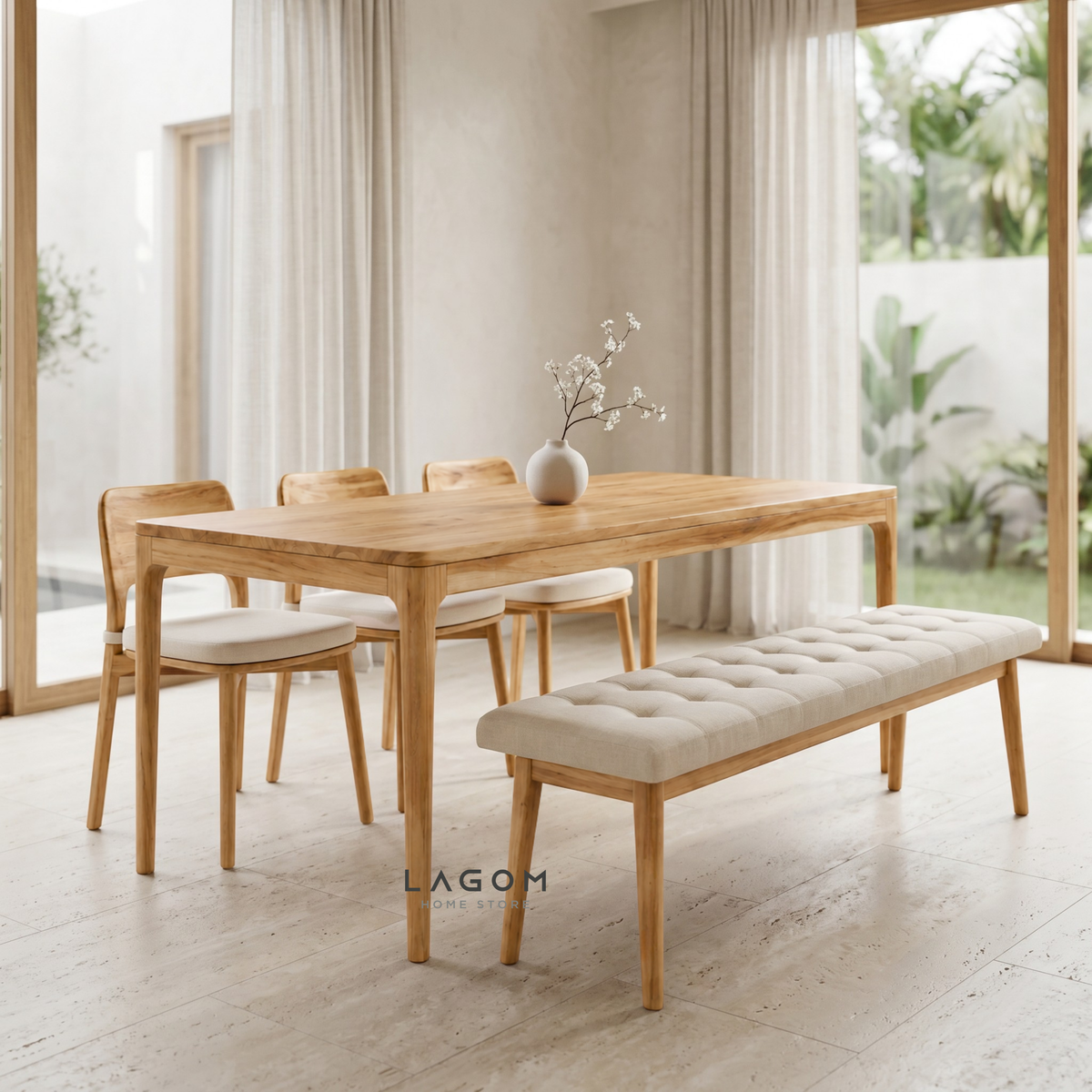 5-Seater Teak Dining Set with Chair and Bench Seating