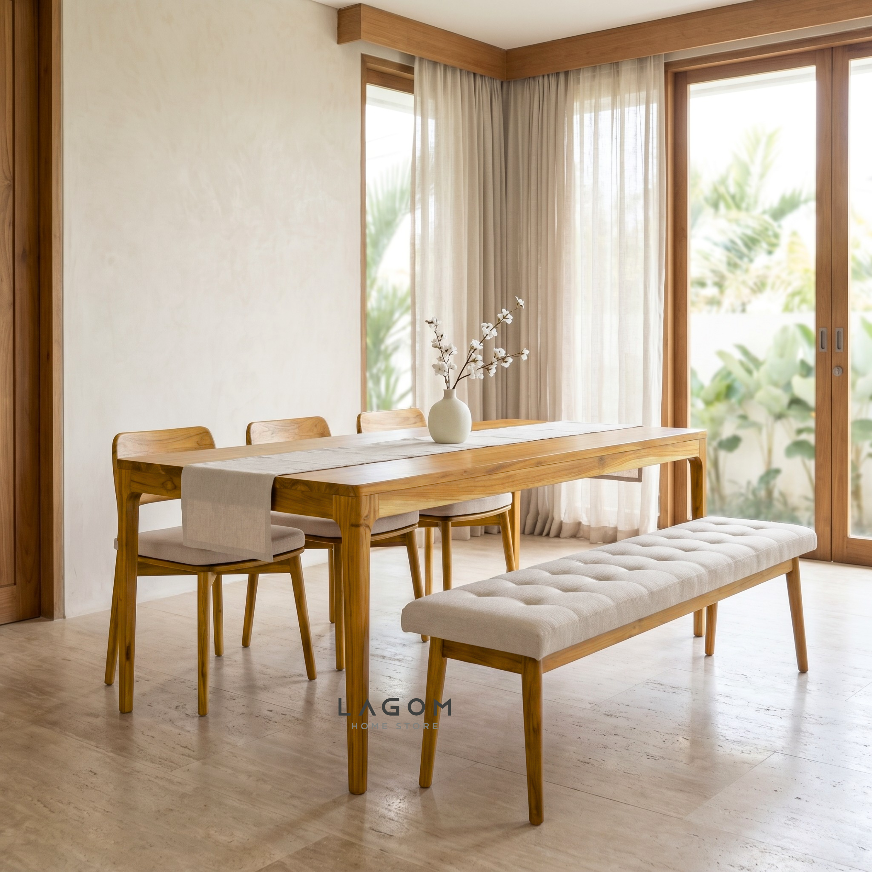 5-Seater Teak Dining Set with Chair and Bench Seating Dining Set Lagom Home Store Jati Furnitur Teak Furniture Jakarta