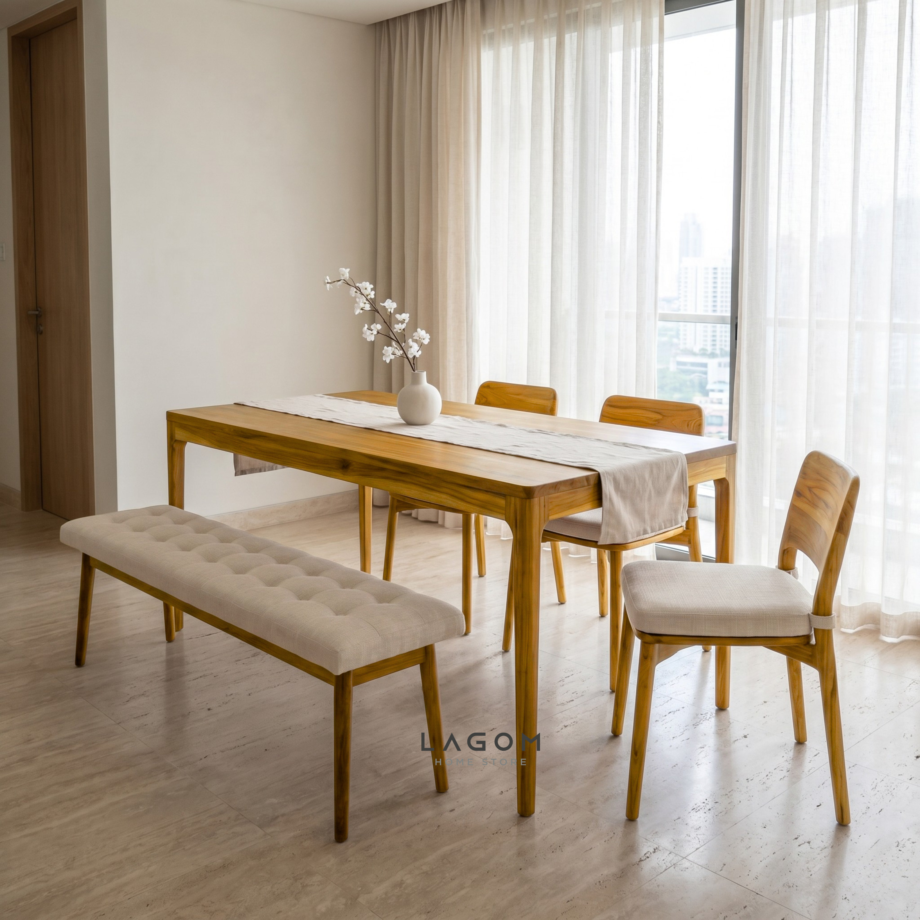 5-Seater Teak Dining Set with Chair and Bench Seating Dining Set Lagom Home Store Jati Furnitur Teak Furniture Jakarta