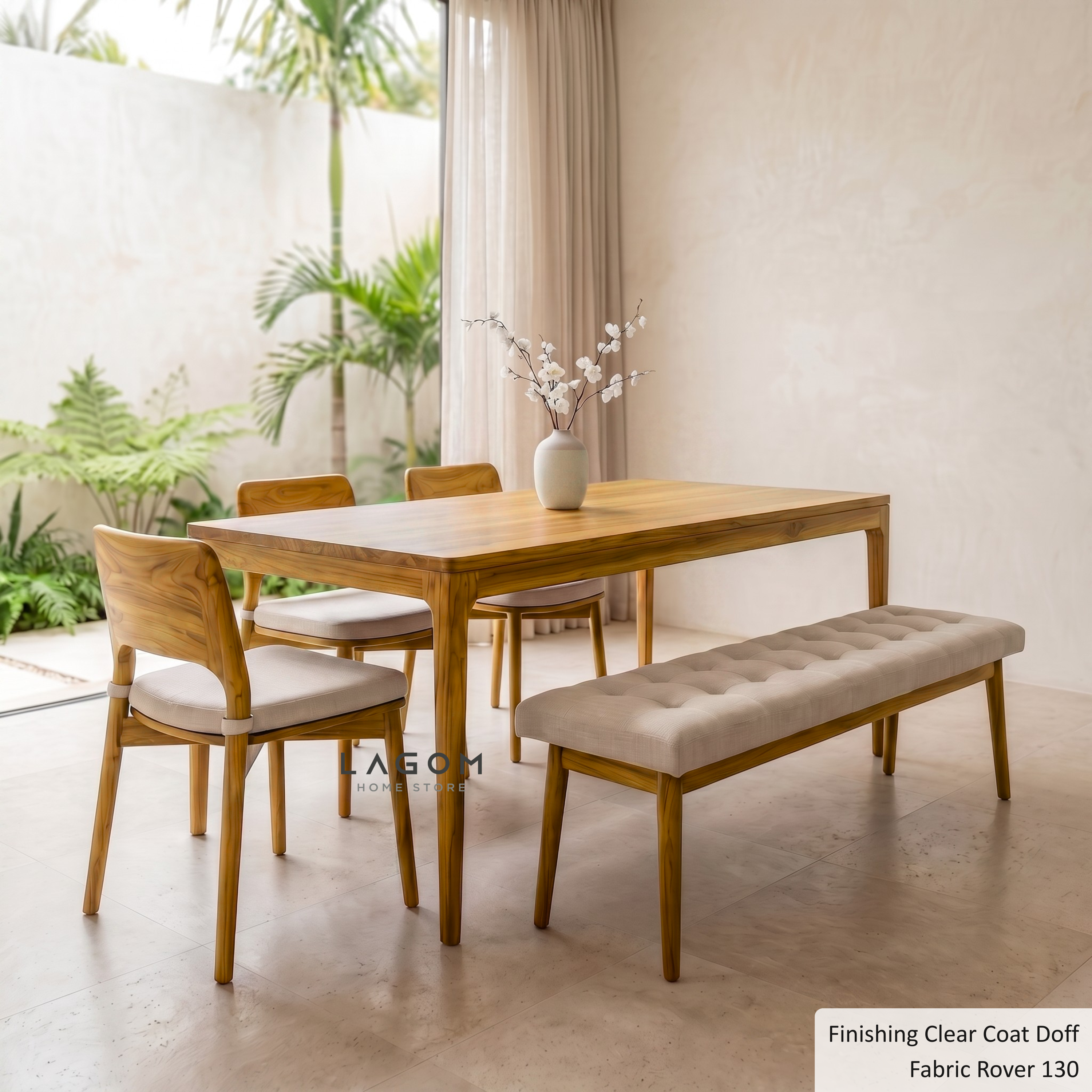 5-Seater Teak Dining Set with Chair and Bench Seating Dining Set Lagom Home Store Jati Furnitur Teak Furniture Jakarta