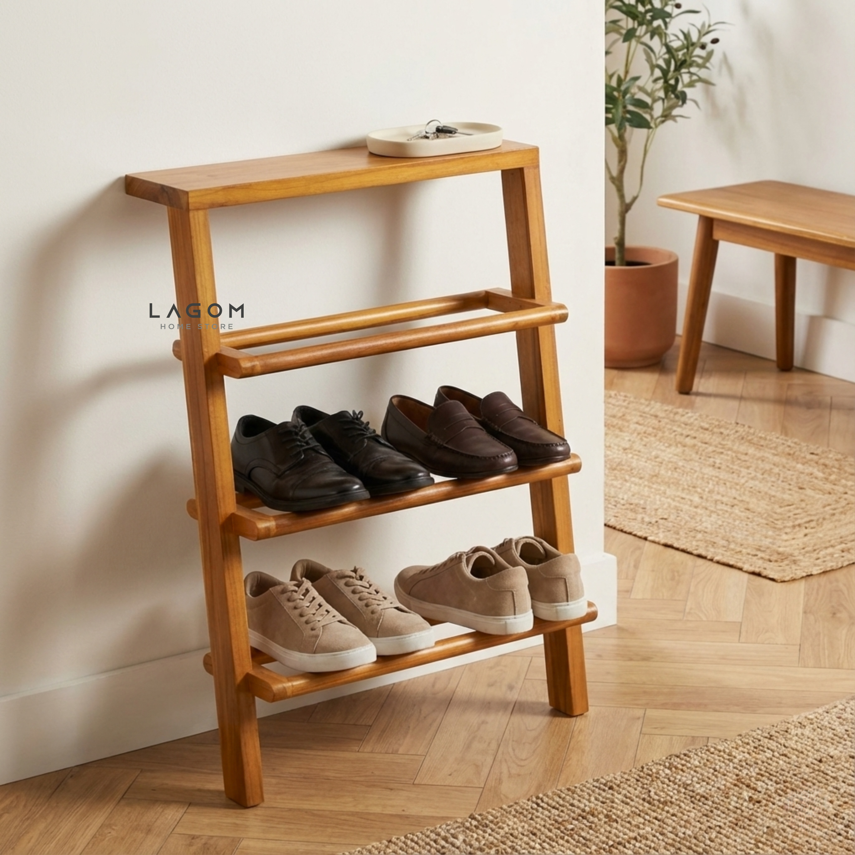 6-Pair Teak Leaning Shoe Rack with Top Shelf Shoe Rack Lagom Home Store Jati Furnitur Teak Furniture Jakarta