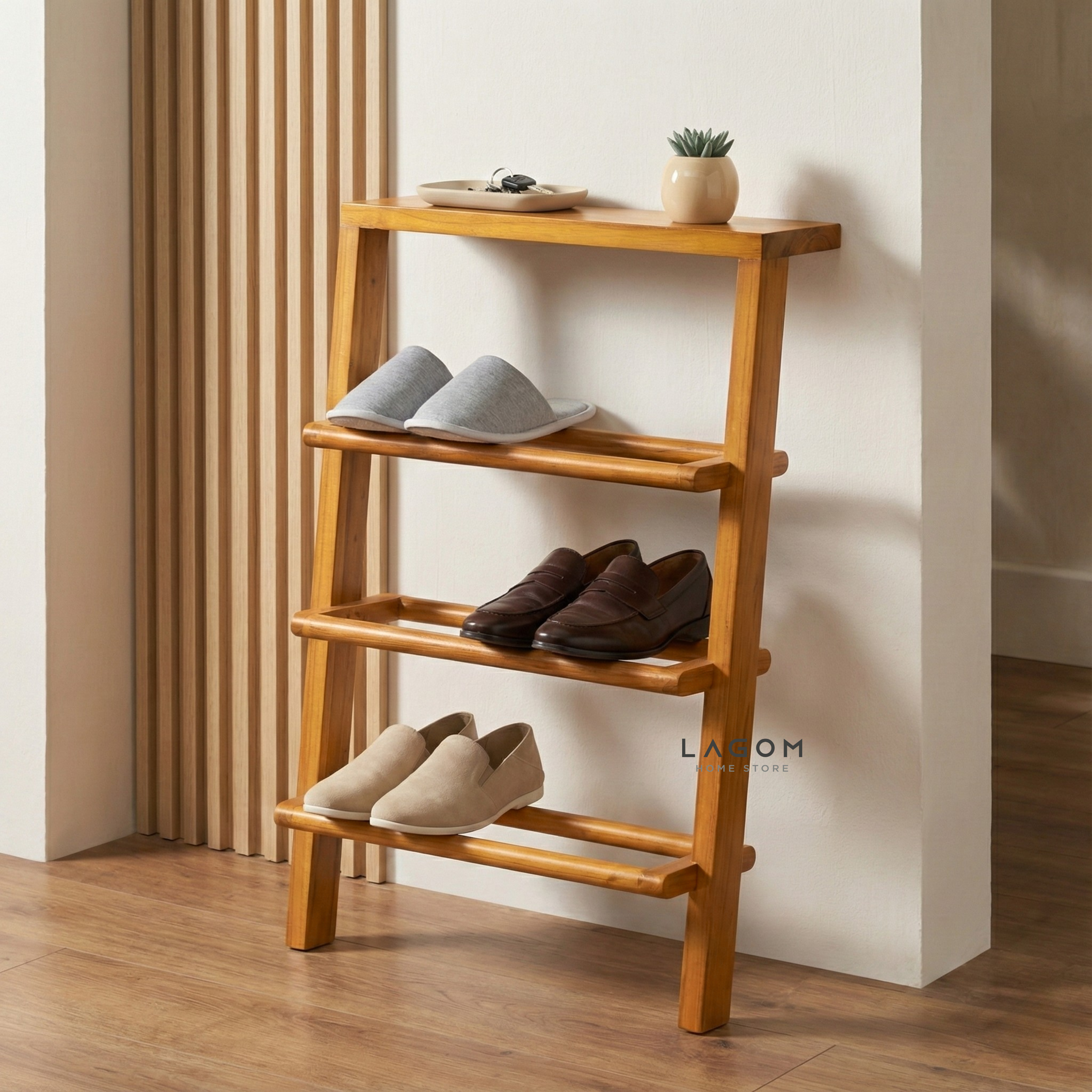 6-Pair Teak Leaning Shoe Rack with Top Shelf Shoe Rack Lagom Home Store Jati Furnitur Teak Furniture Jakarta