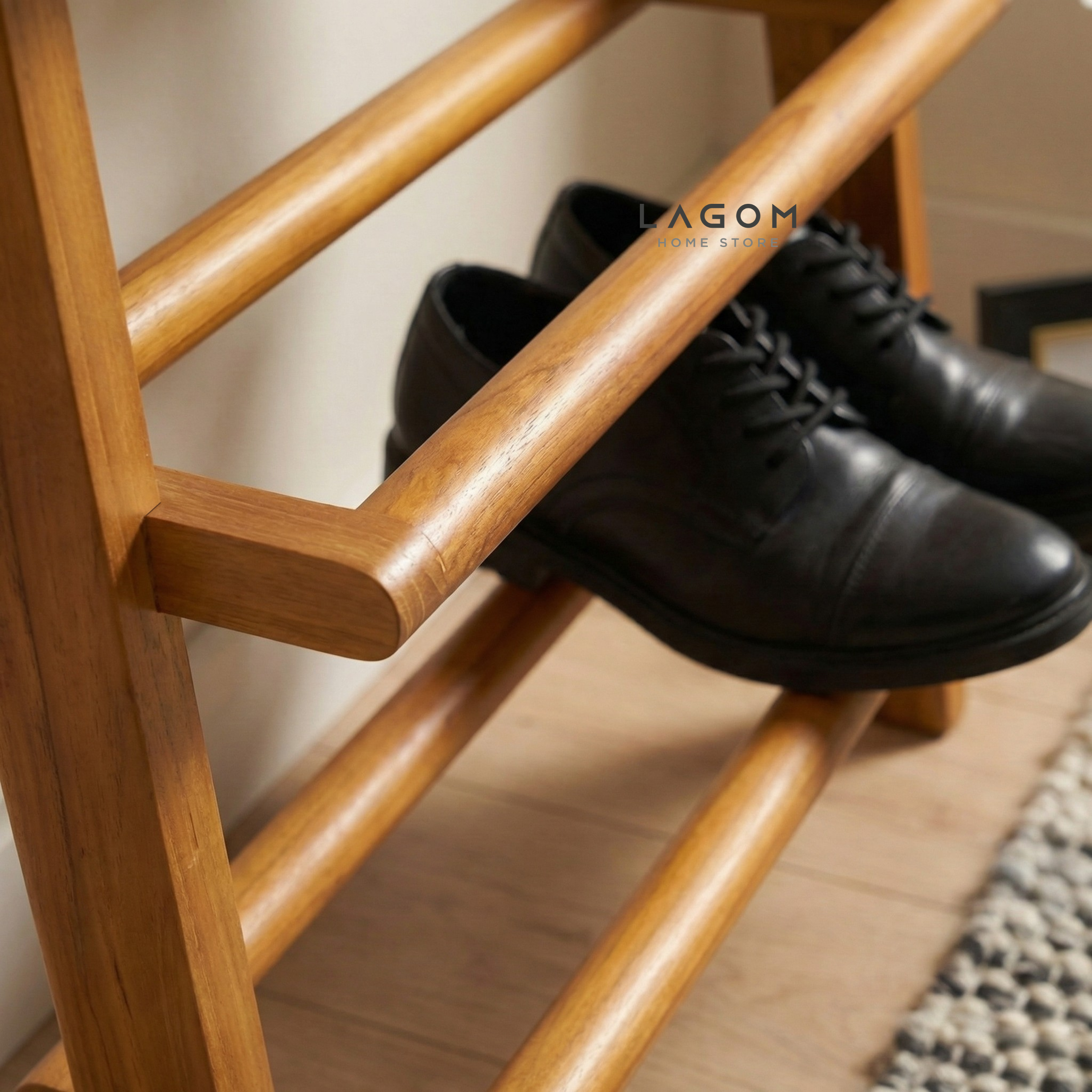 6-Pair Teak Leaning Shoe Rack with Top Shelf Shoe Rack Lagom Home Store Jati Furnitur Teak Furniture Jakarta