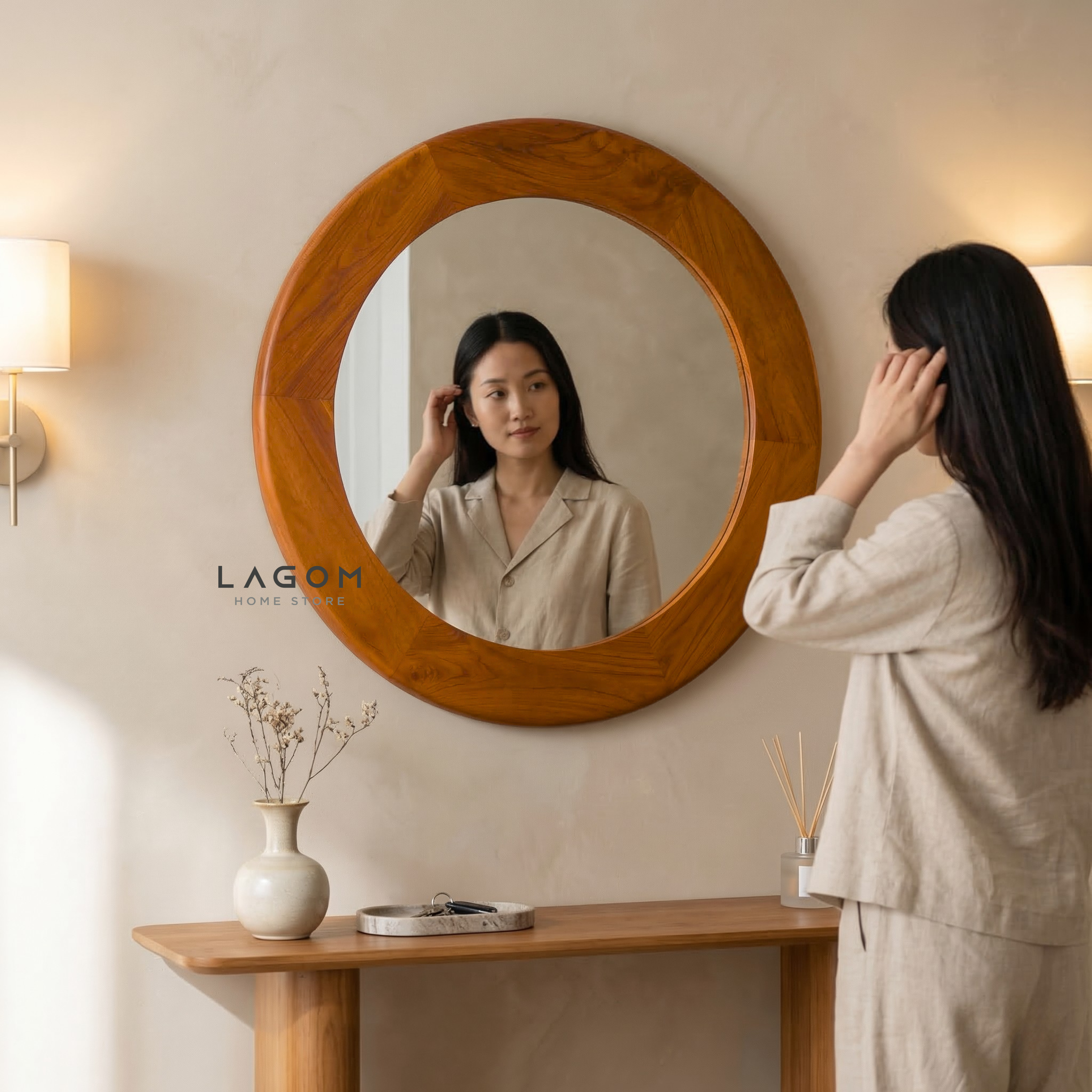 76 cm Round Teak Wall Mirror Mirror Lagom Home Store Jati Furnitur Teak Furniture Jakarta