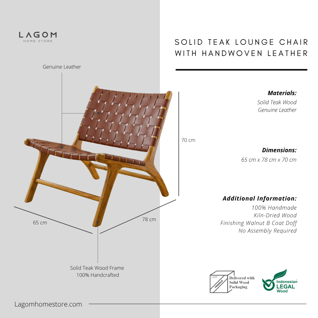 Solid Teak Lounge Chair with Handwoven Leather