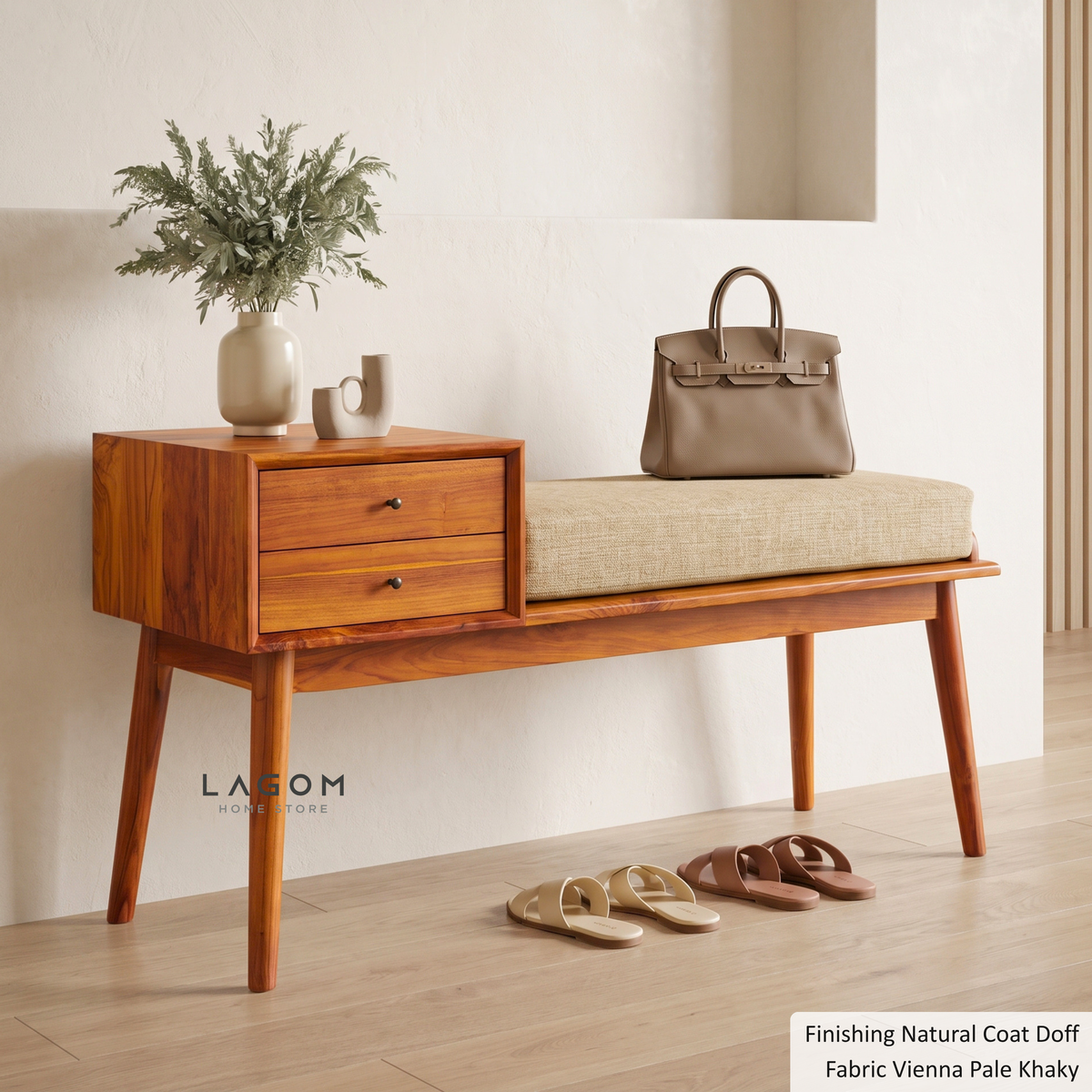 Solid Teak Bench with Two Drawers & Premium Cushion