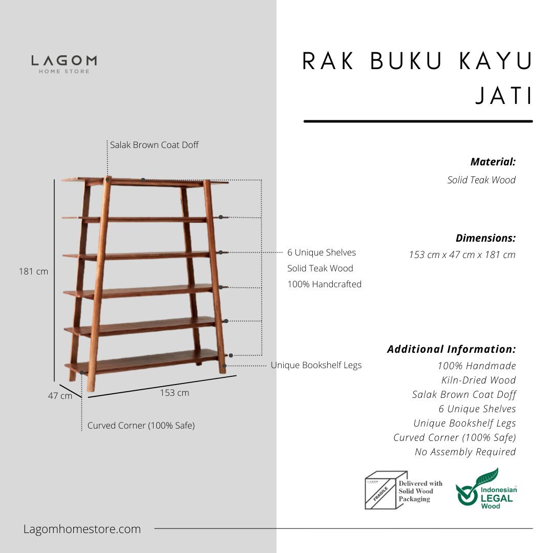 Premium 6-Tier Teak Wood Bookshelf