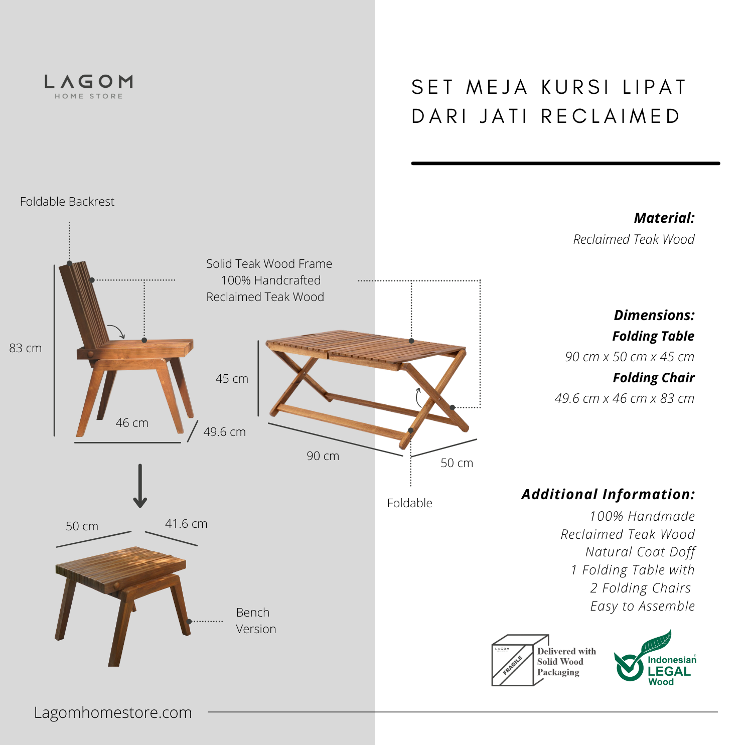 Reclaimed Teak Folding Table and Chair Set (Indoor & Outdoor)