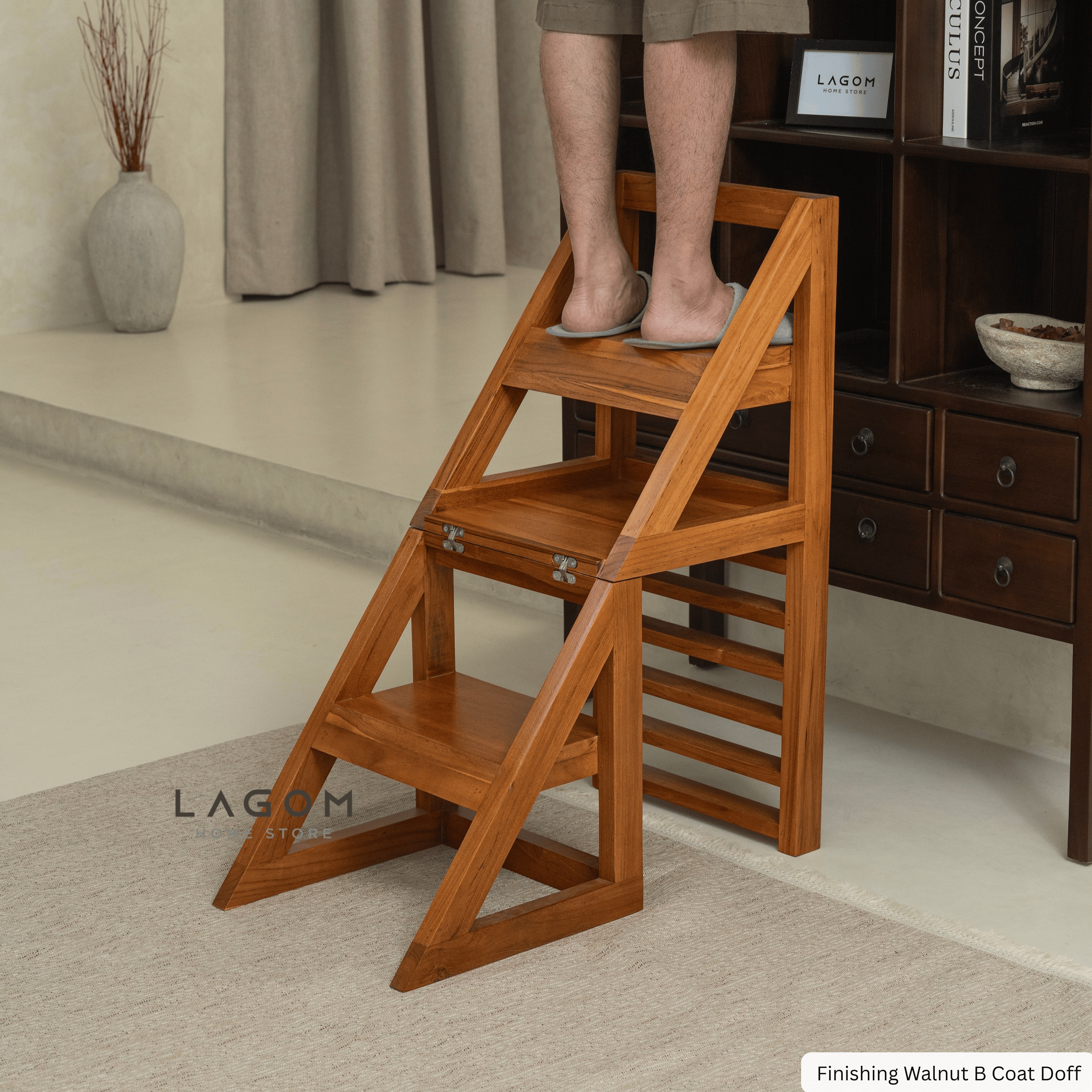 2-in-1 Teak Wood Step Stool & Chair - Smart & Sturdy Design