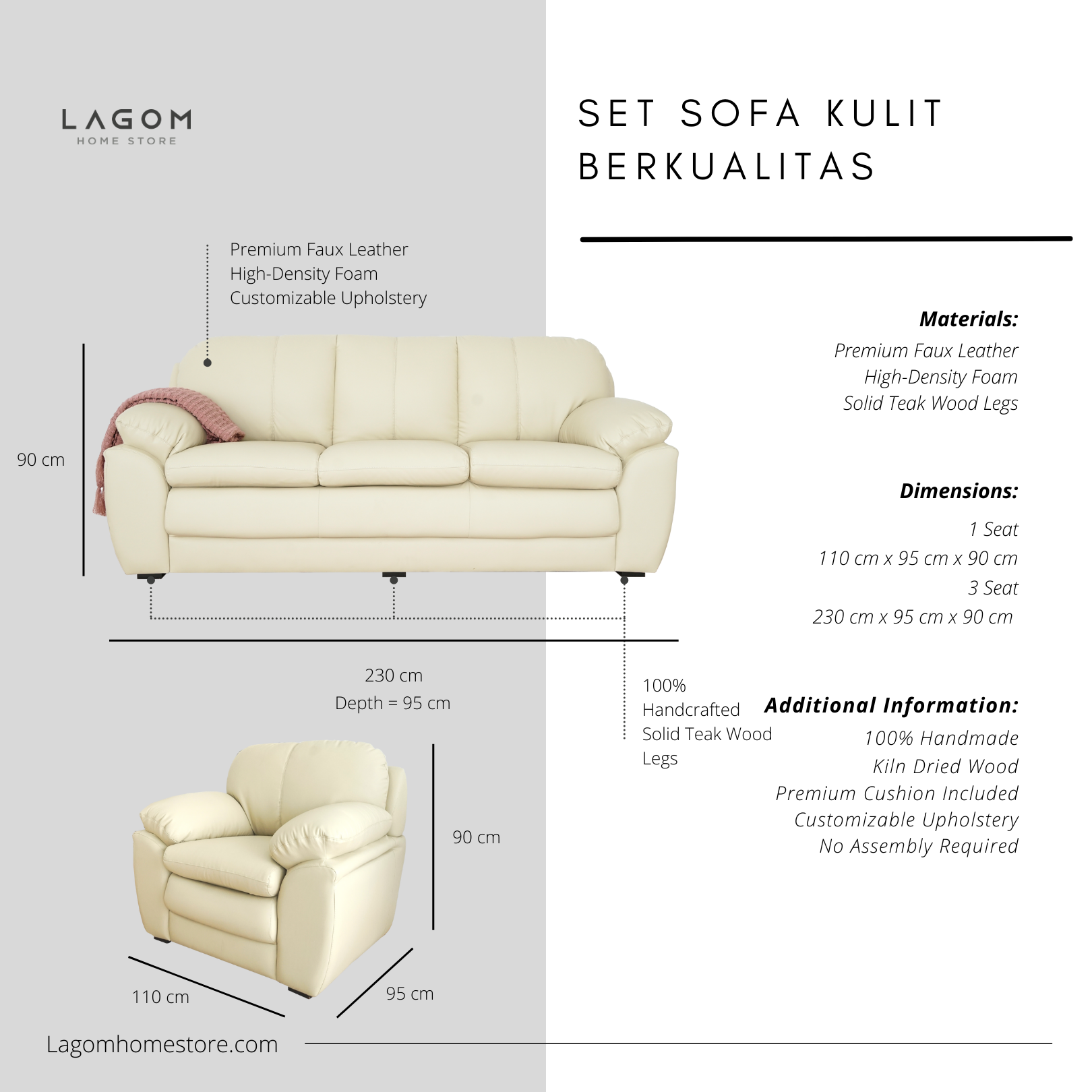 Sofa Set with Premium Faux Leather & Teak Wood Frame