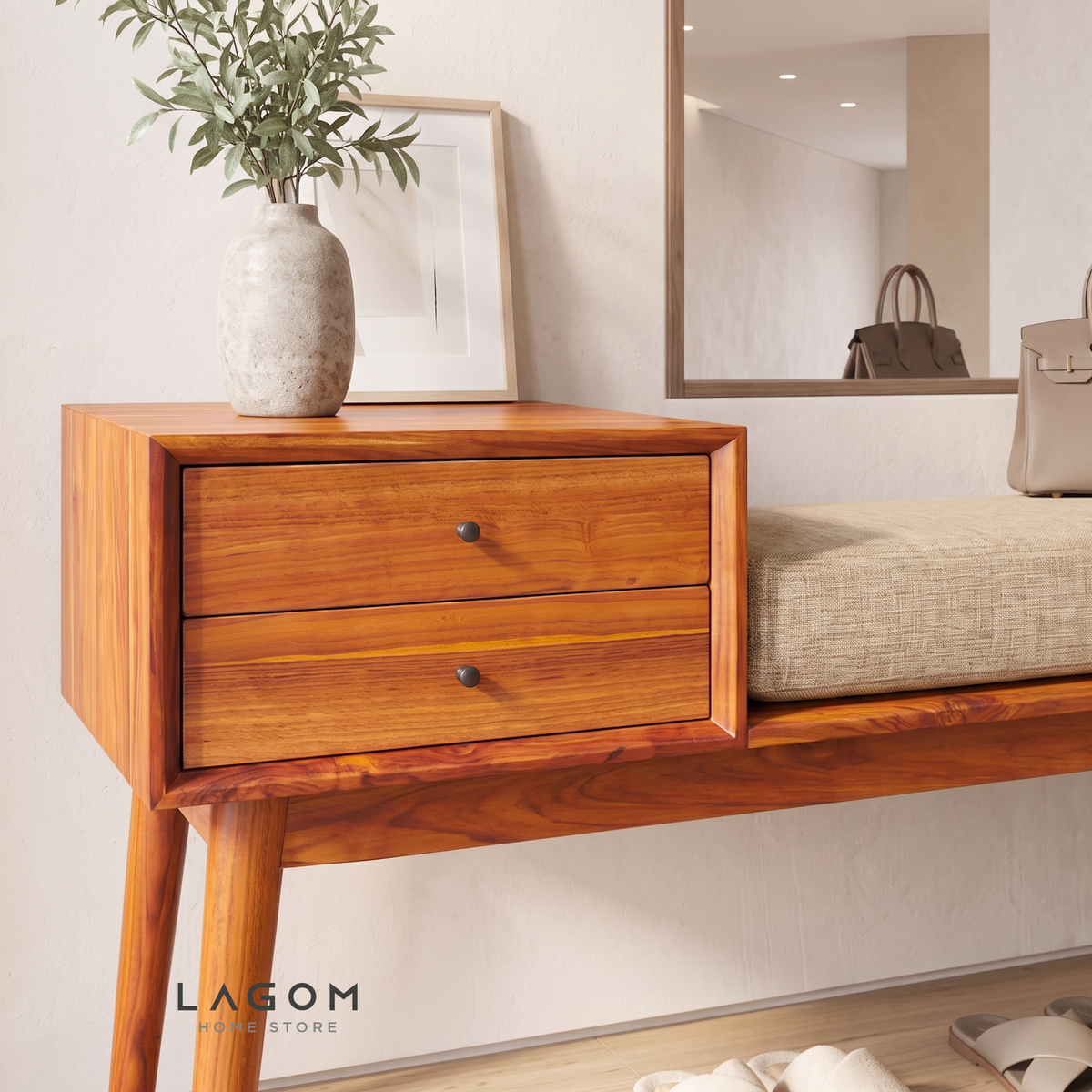 Solid Teak Bench with Two Drawers & Premium Cushion