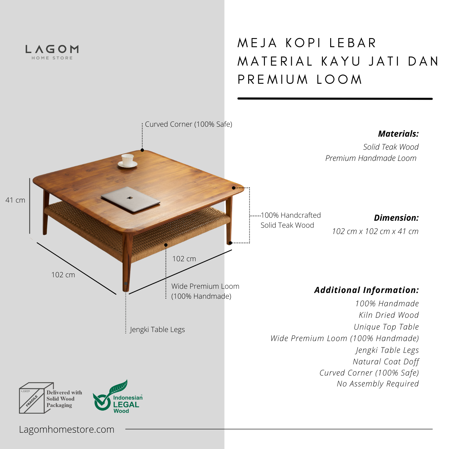 Square Coffee Table in Premium Teak & Loom