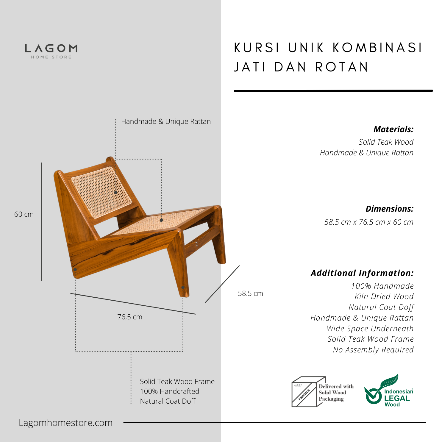 Teak & Rattan Lounge Chair for Indoor & Semi-Outdoor Spaces