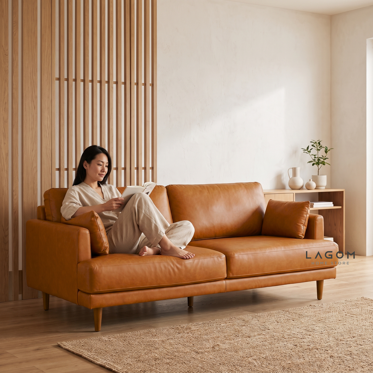 Family Sofa with Premium Faux Leather & Teak Wood Frame