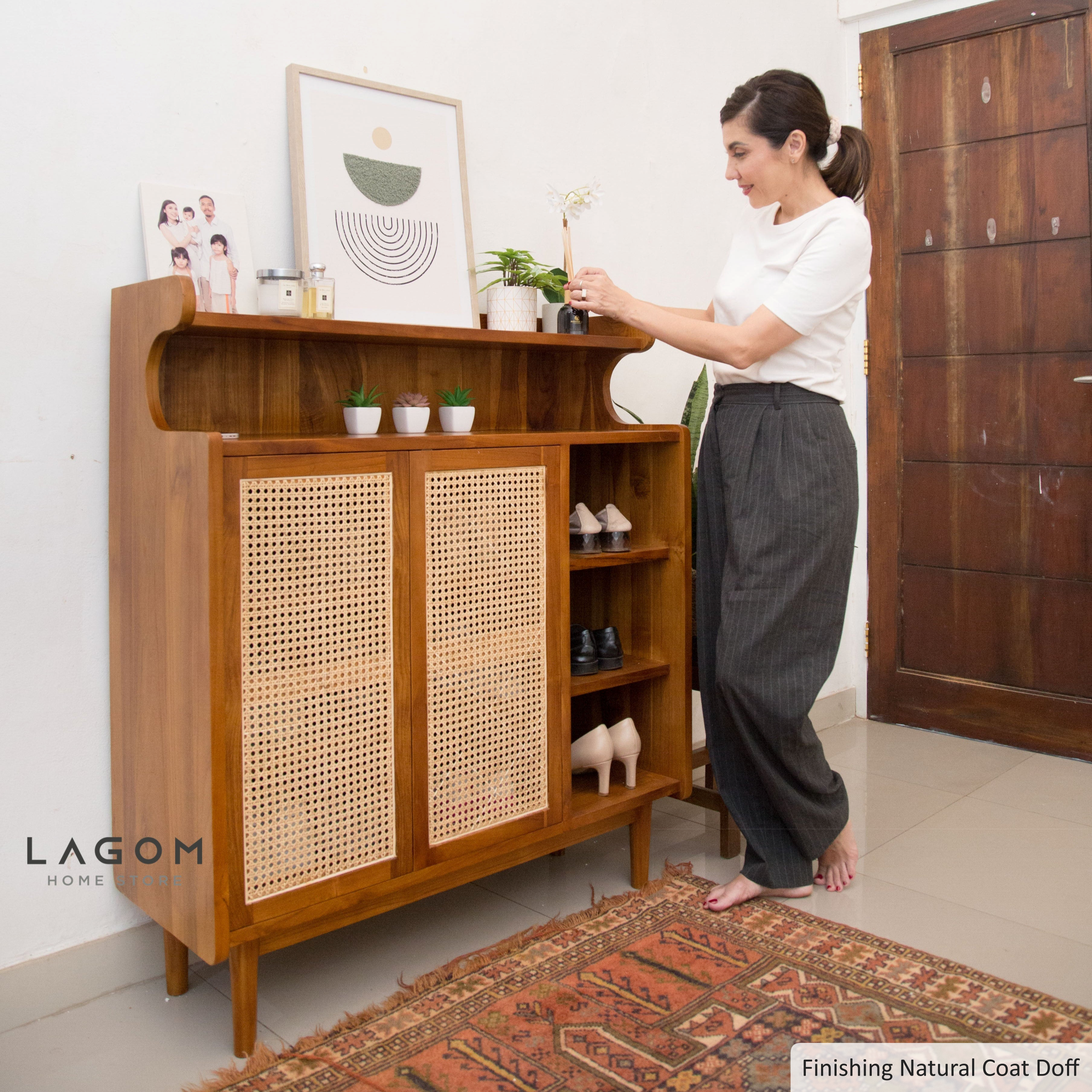 12-Pair Premium Shoe Rack in Teak & Rattan