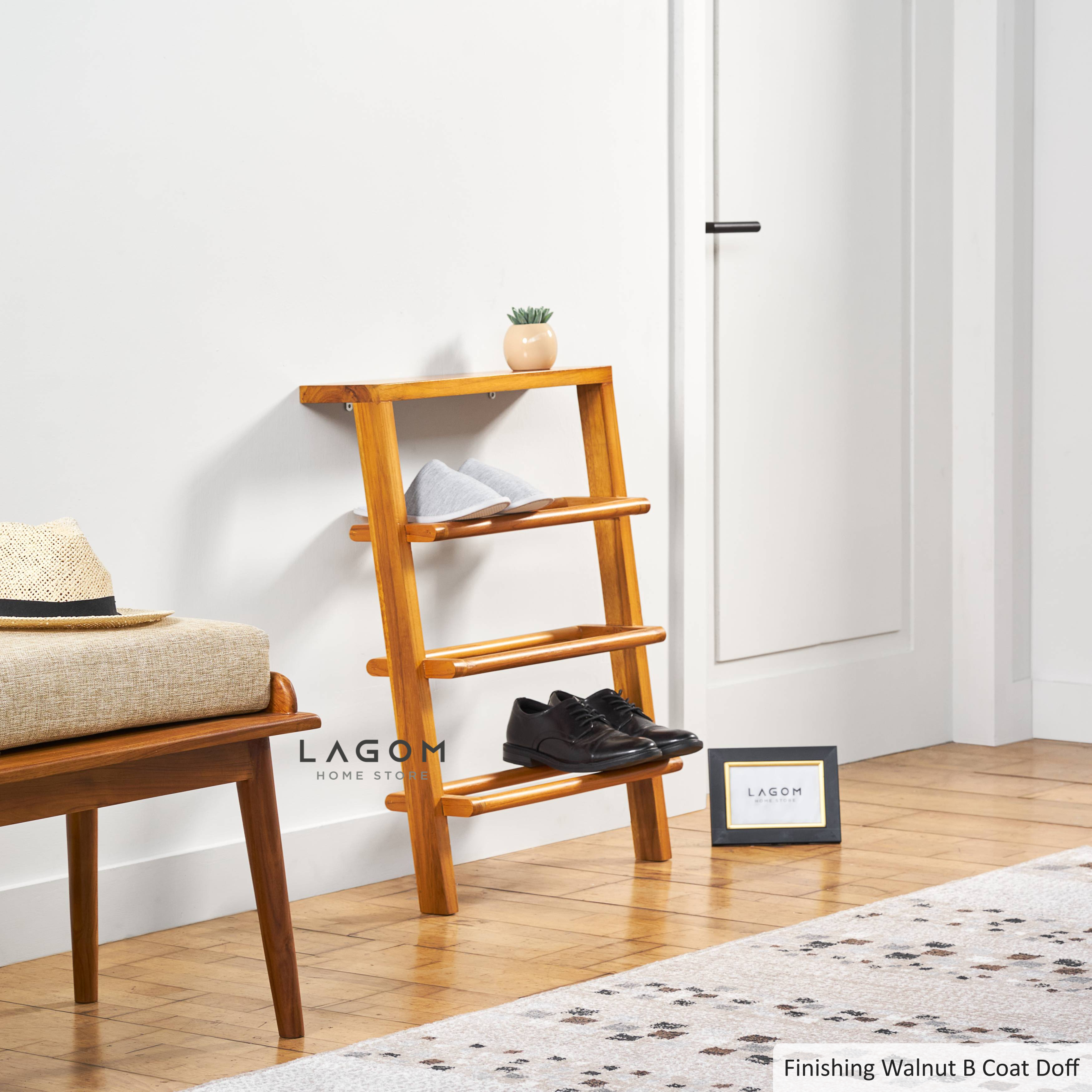 6-Pair Teak Leaning Shoe Rack with Top Shelf