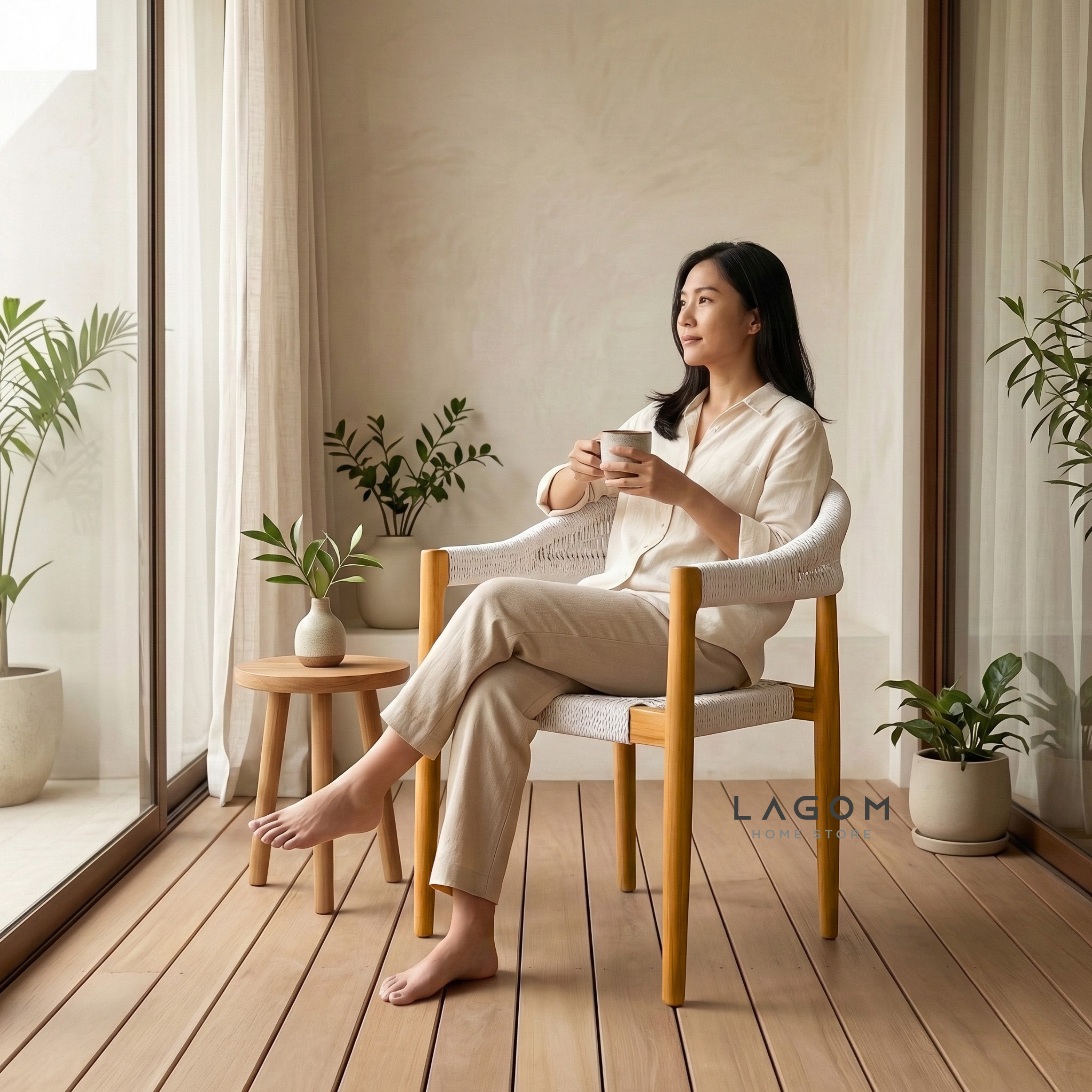 Accent Chair in Teak & Woven Synthetic Cord Chair Lagom Home Store Jati Furnitur Teak Furniture Jakarta