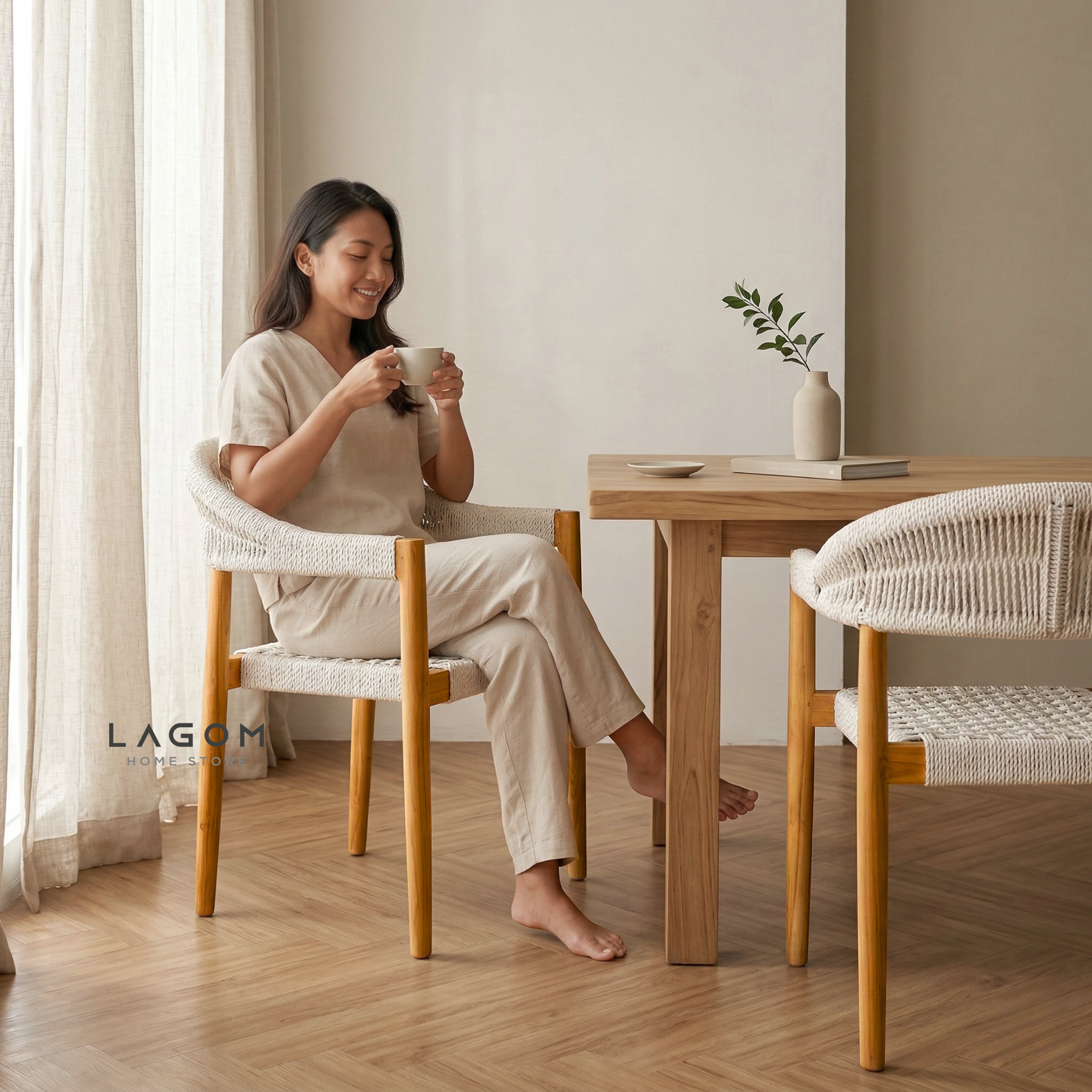 Accent Chair in Teak & Woven Synthetic Cord Chair Lagom Home Store Jati Furnitur Teak Furniture Jakarta