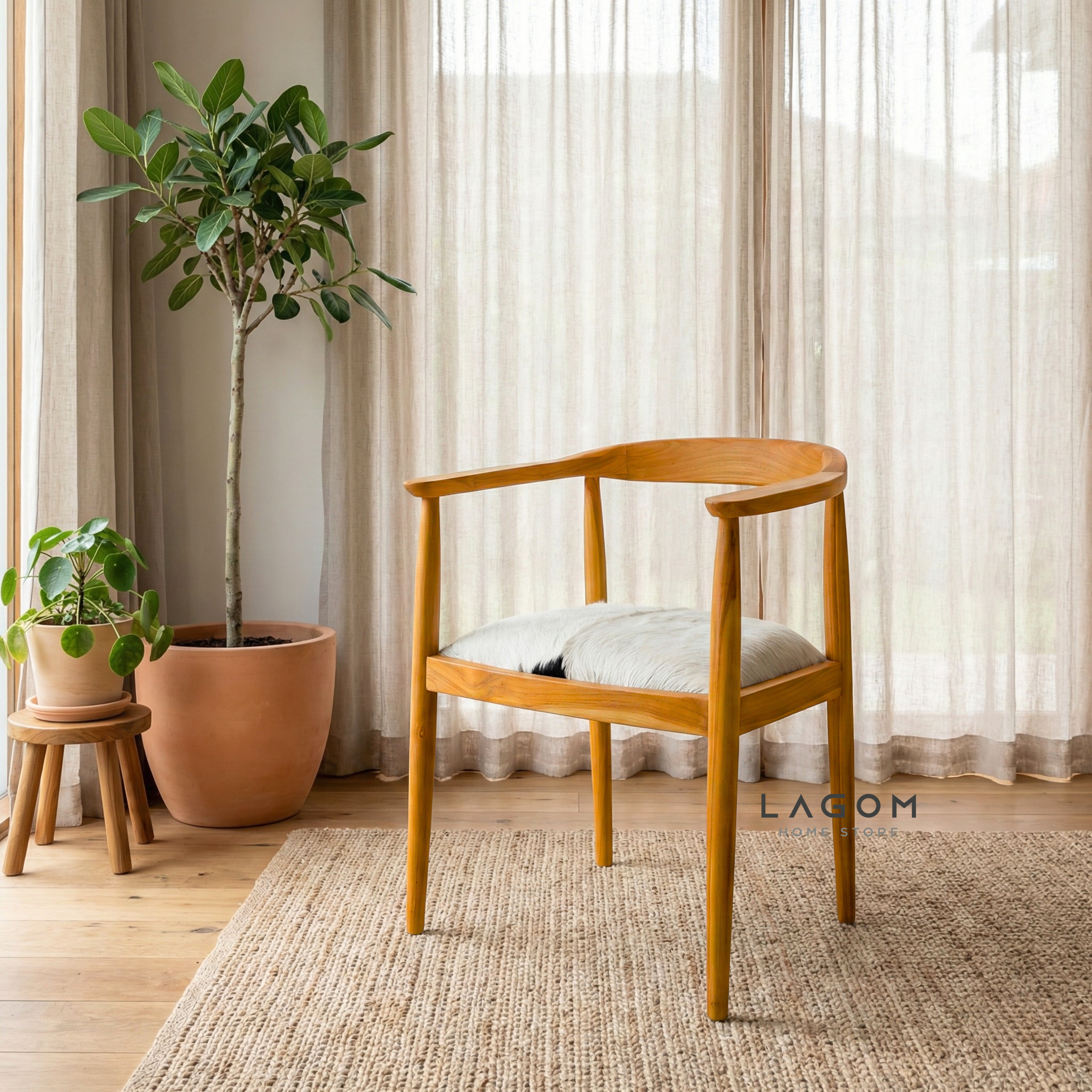Artisan Accent Chair in Solid Teak & Natural Goat Hide Chair Lagom Home Store Jati Furnitur Teak Furniture Jakarta
