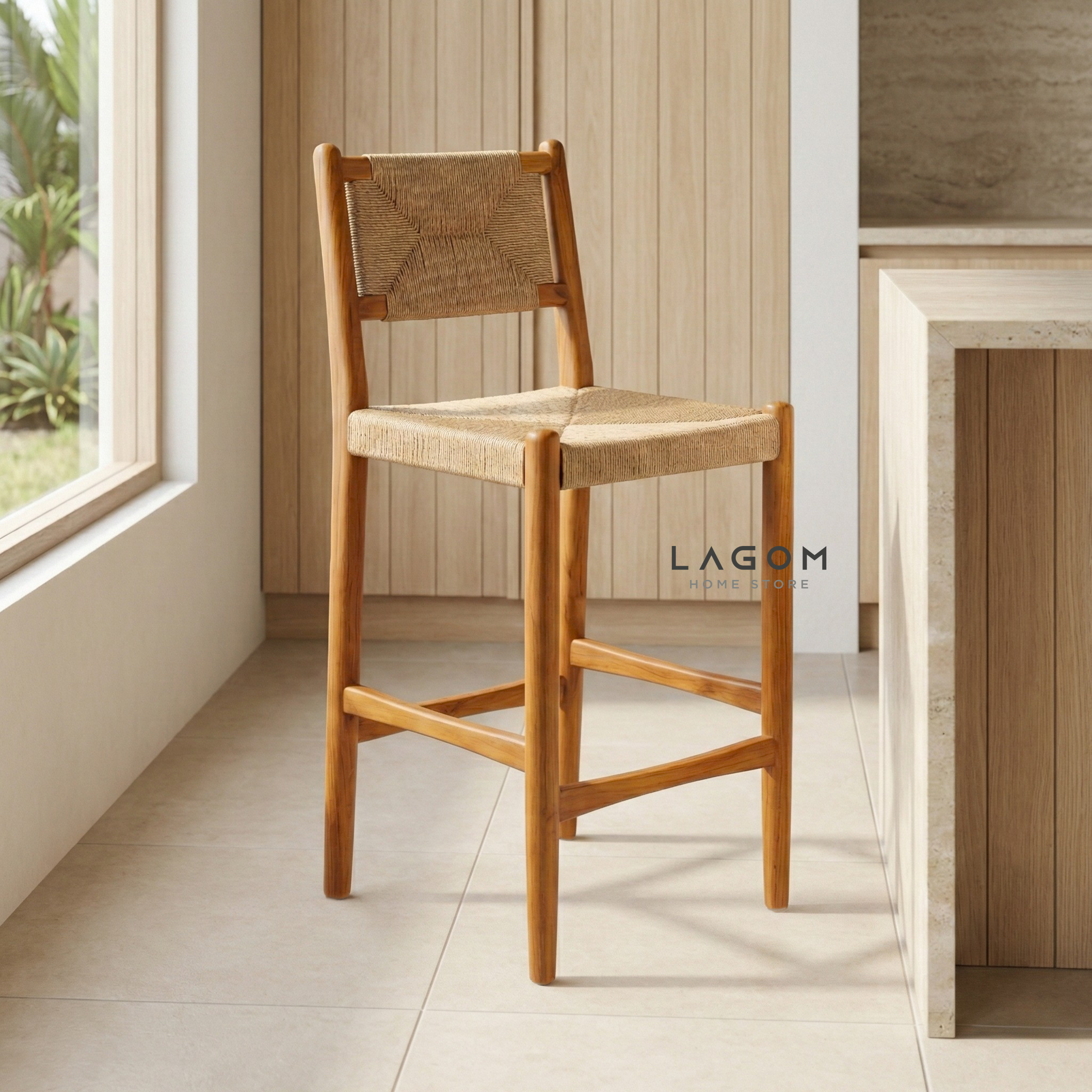 Artisan Bar Stool in Solid Teak & Handwoven Paper Loom Bar Stool Lagom Home Store Jati Furnitur Teak Furniture Jakarta