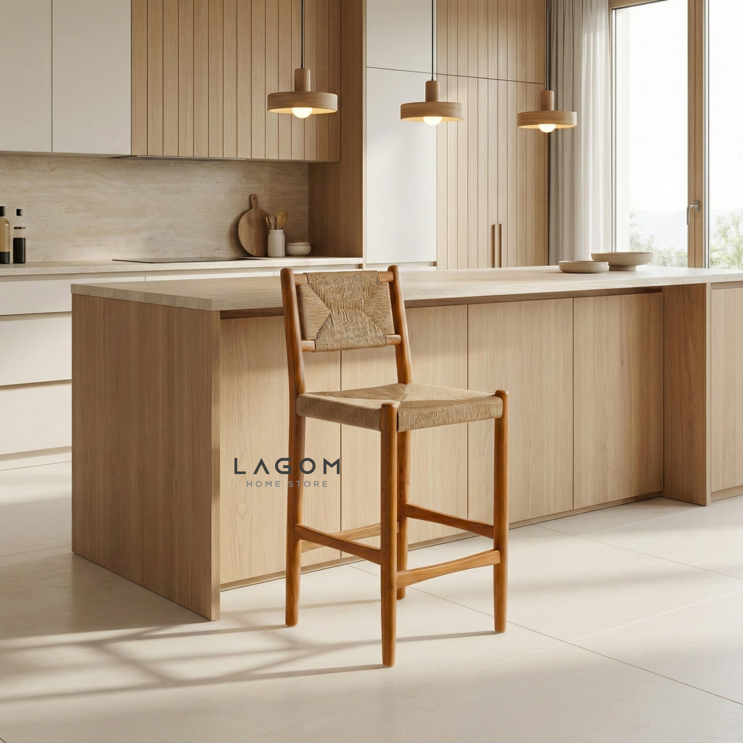 Artisan Bar Stool in Solid Teak & Handwoven Paper Loom Bar Stool Lagom Home Store Jati Furnitur Teak Furniture Jakarta
