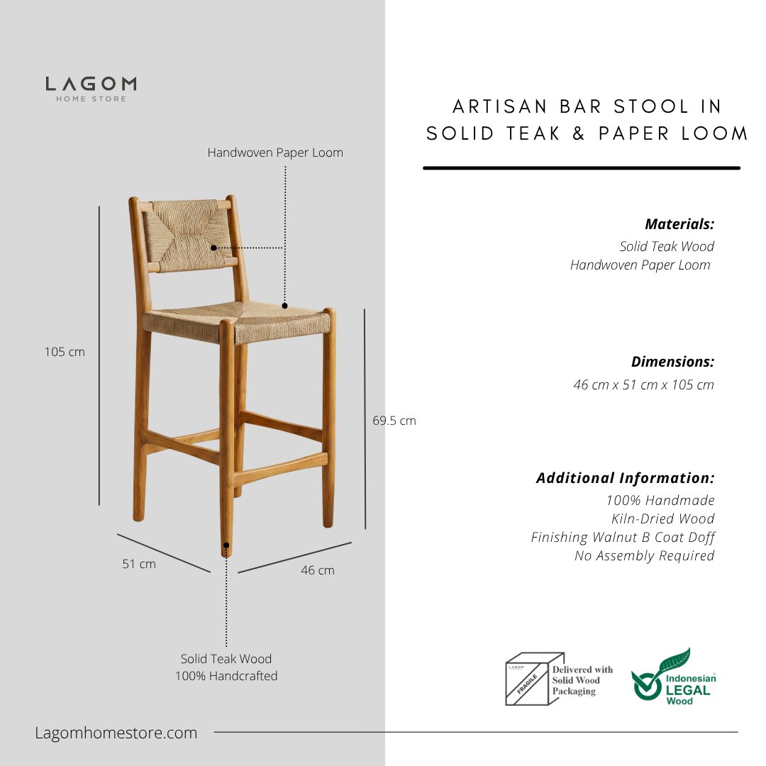 Artisan Bar Stool in Solid Teak & Handwoven Paper Loom Bar Stool Lagom Home Store Jati Furnitur Teak Furniture Jakarta