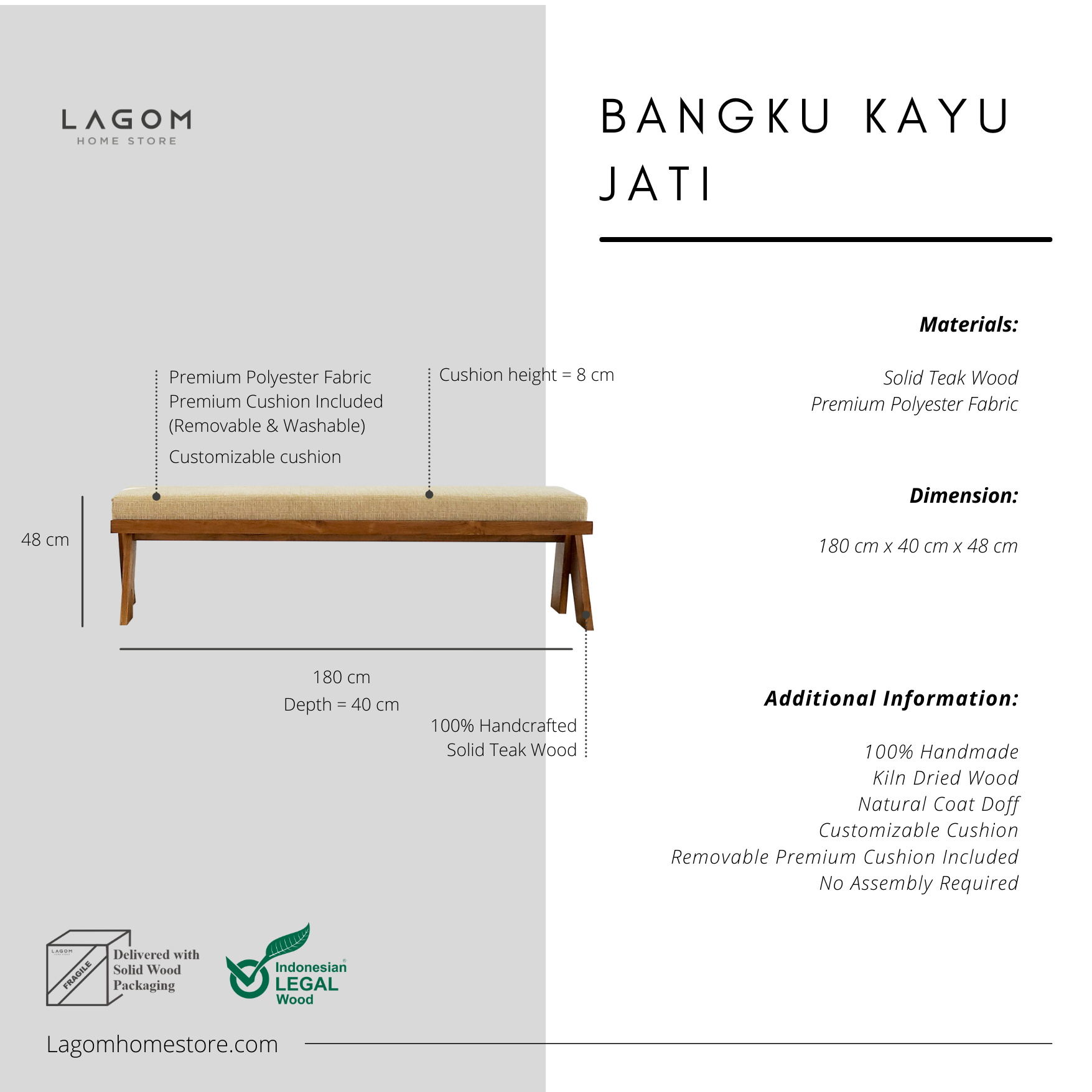 Bangku dari Kayu Jati dengan Removable Cushion - Panjang 180 cm Bench Seat Lagom Home Store Jati Furnitur Teak Furniture Jakarta
