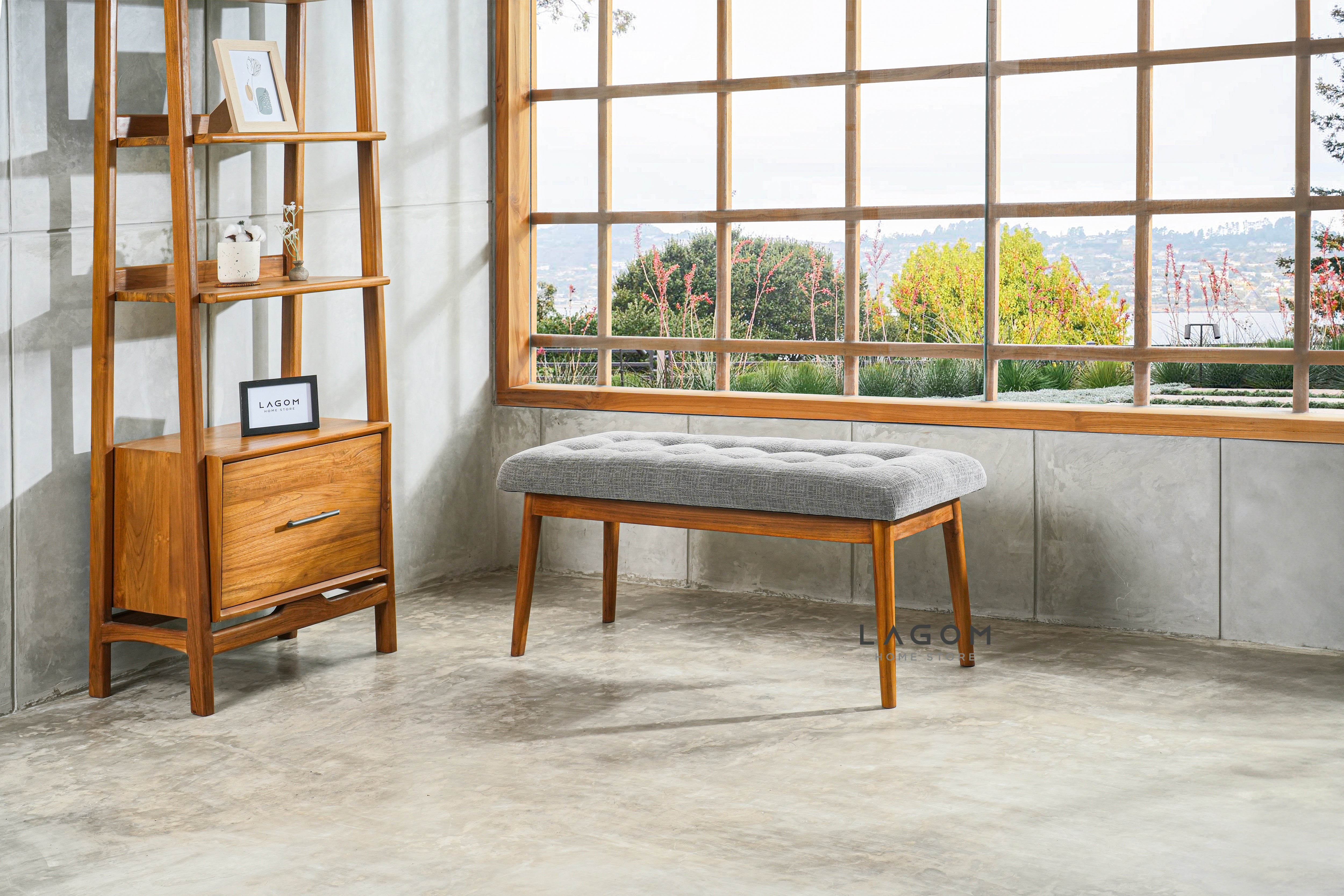 Bangku Kayu Jati Solid dengan Cushion Premium Bench Seat Lagom Home Store Jati Furnitur Teak Furniture Jakarta