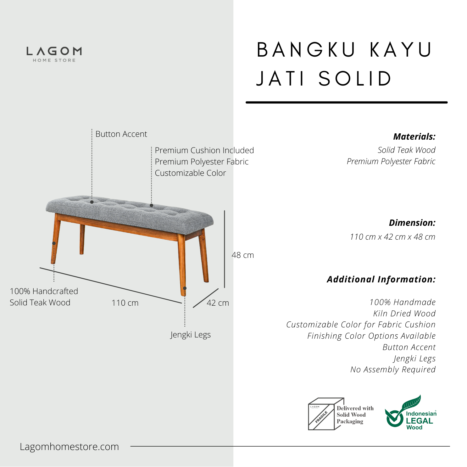 Bangku Kayu Jati Solid dengan Premium Cushion Bench Seat Lagom Home Store Jati Furnitur Teak Furniture Jakarta