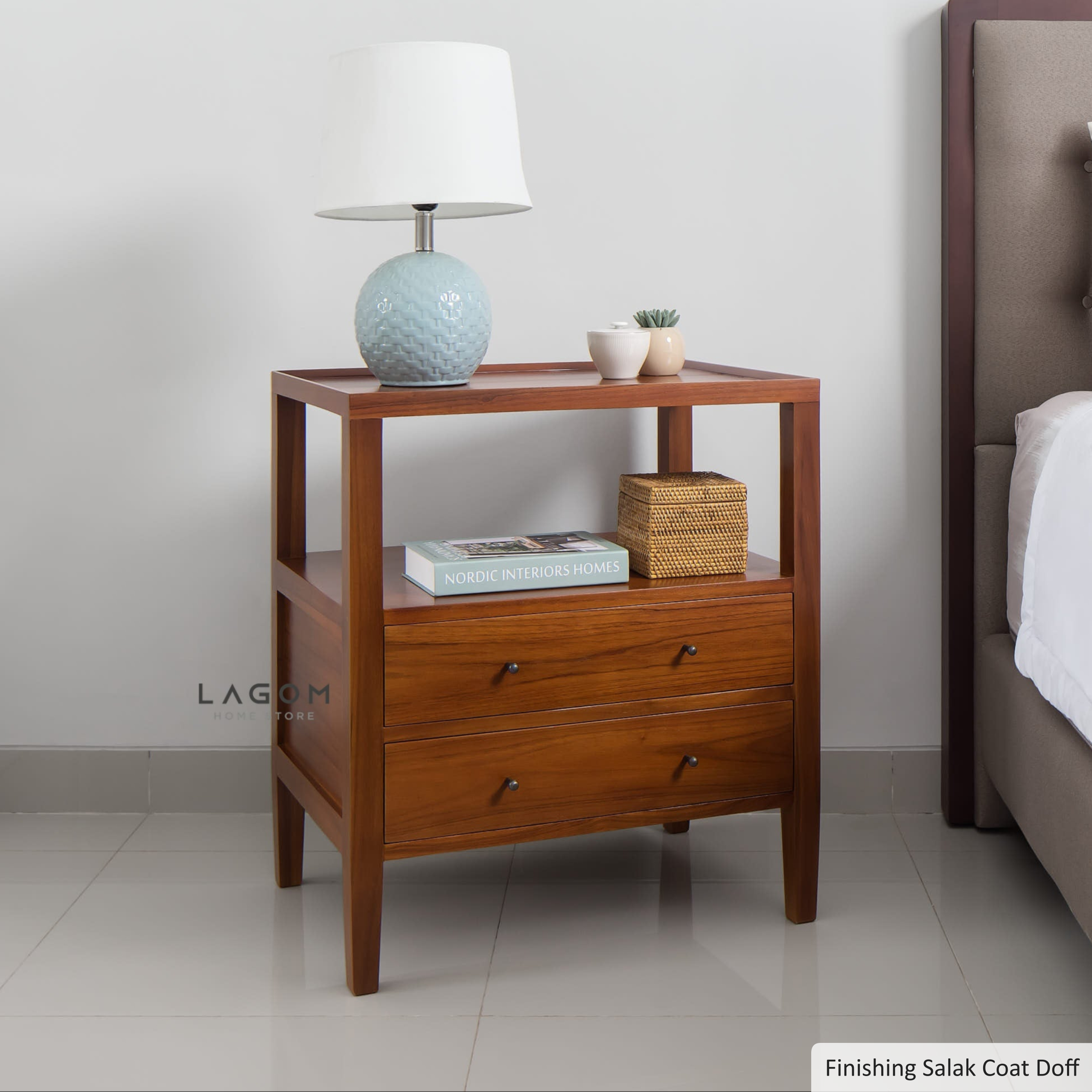 Solid Teak Nightstand with Open Shelf & Drawers