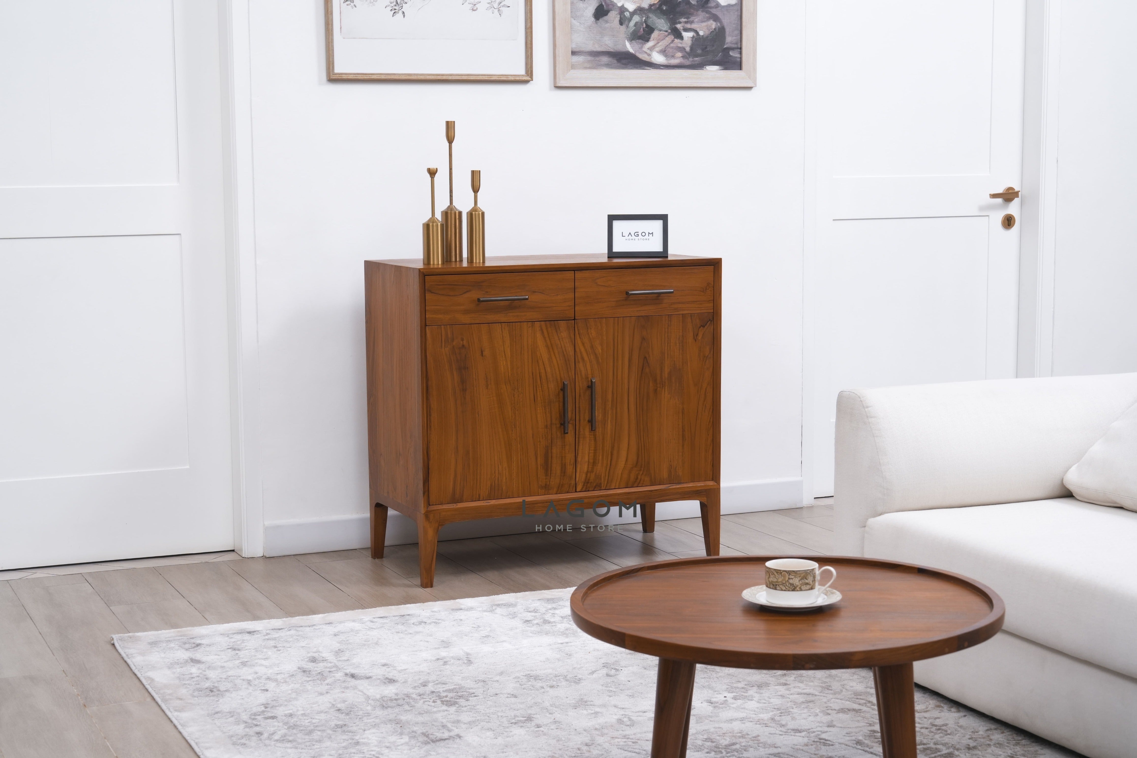 Bufet dengan Penyimpanan Pintu dan Laci dari Kayu Jati Solid Buffet Lagom Home Store Jati Furnitur Teak Furniture Jakarta