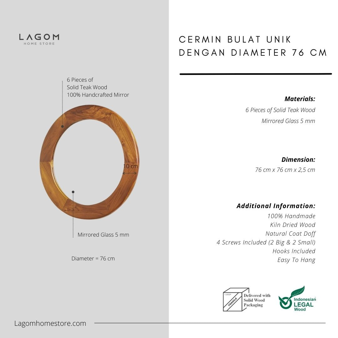 Cermin Bulat Unik Material Frame Kayu Jati Solid - Tinggi 76 cm Mirror Lagom Home Store Jati Furnitur Teak Furniture Jakarta