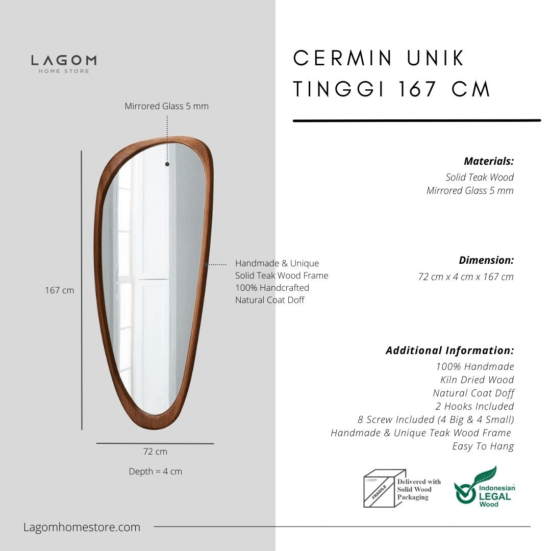 Cermin Dekorasi Unik Material Kayu Jati Solid - Tinggi 167 cm Mirror Lagom Home Store Jati Furnitur Teak Furniture Jakarta