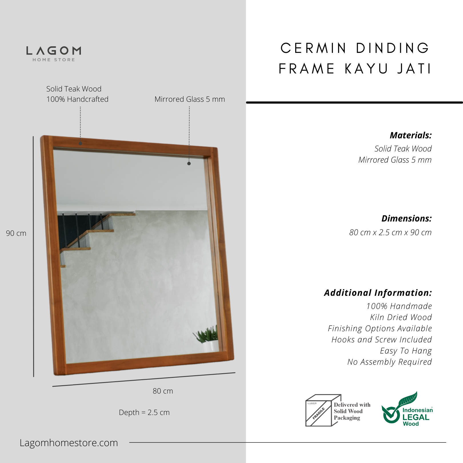 Cermin Dinding Estetik Frame Kayu Jati - Tinggi 90 cm Mirror Lagom Home Store Jati Furnitur Teak Furniture Jakarta