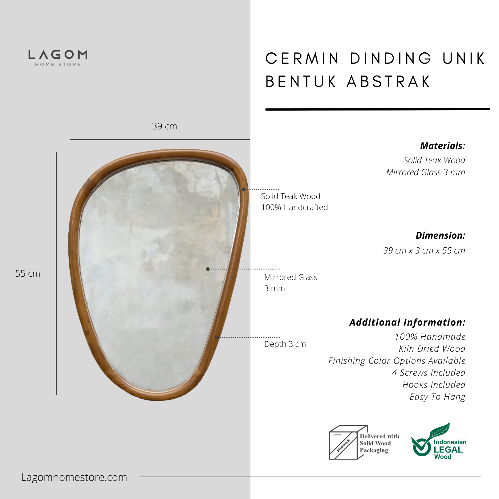 Cermin Dinding Kayu Jati - Tinggi 55 cm Mirror Lagom Home Store Jati Furnitur Teak Furniture Jakarta