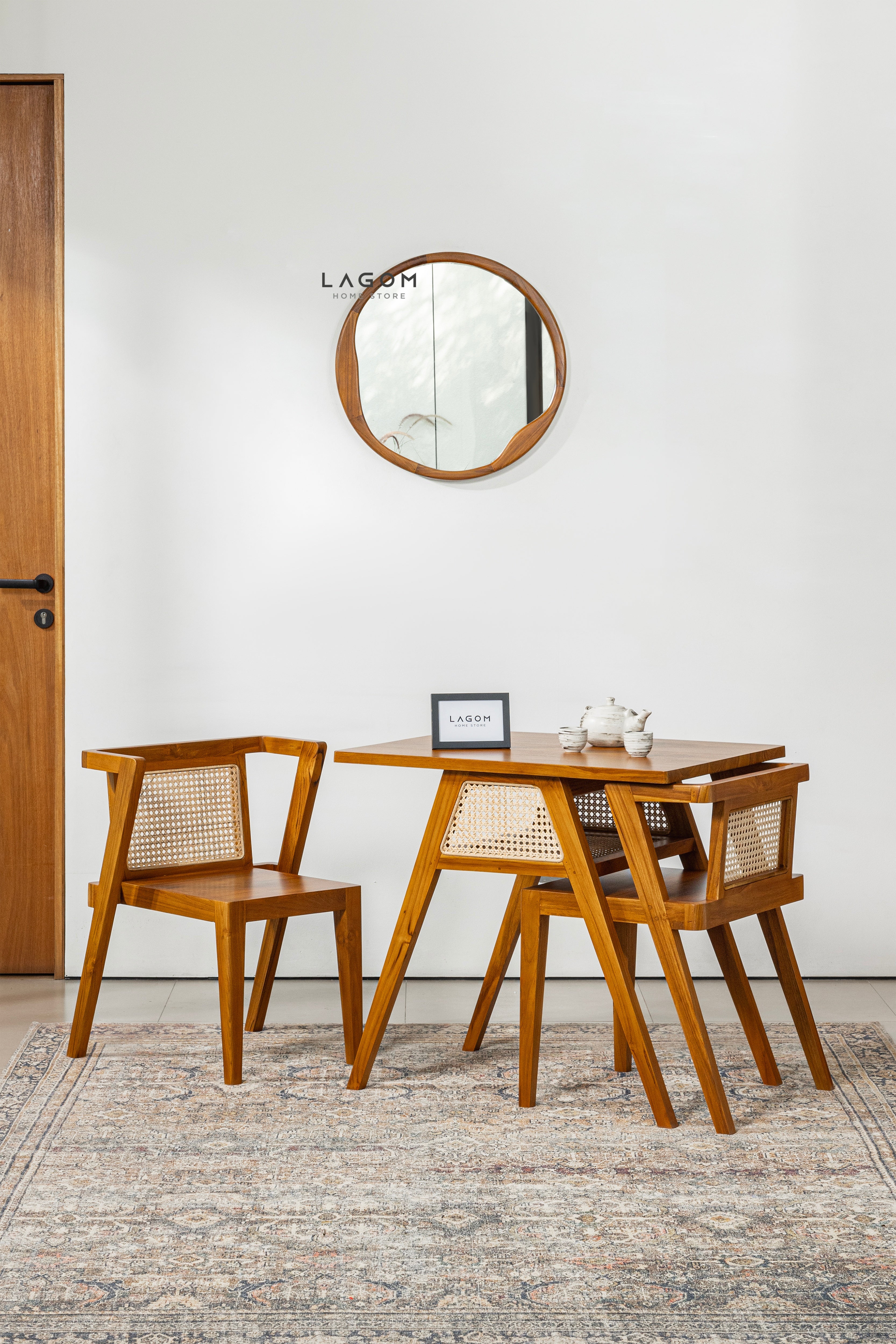 Cermin Estetik Bundar Kayu Jati - Tinggi 60 cm Mirror Lagom Home Store Jati Furnitur Teak Furniture Jakarta