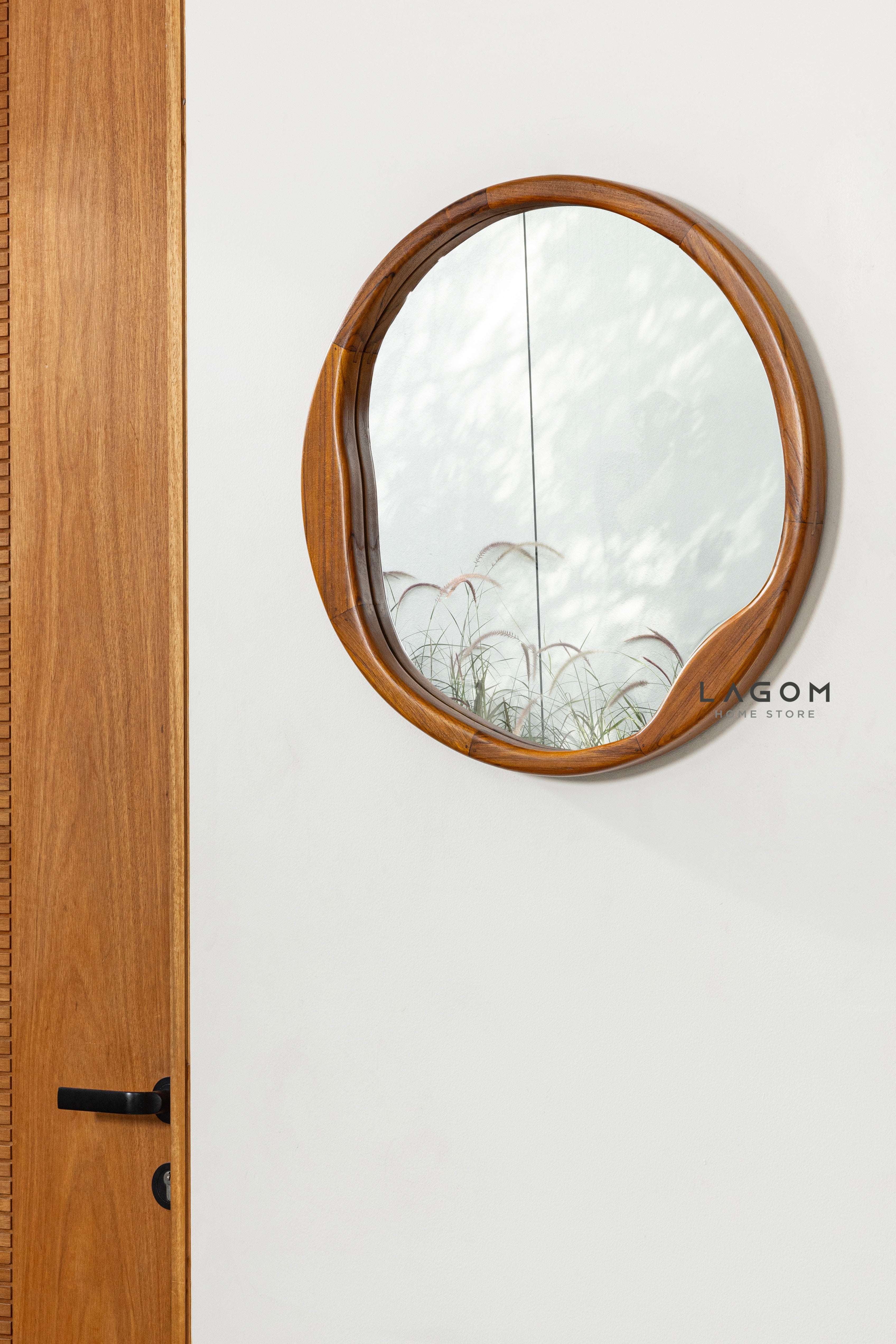 Cermin Estetik Bundar Kayu Jati - Tinggi 60 cm Mirror Lagom Home Store Jati Furnitur Teak Furniture Jakarta