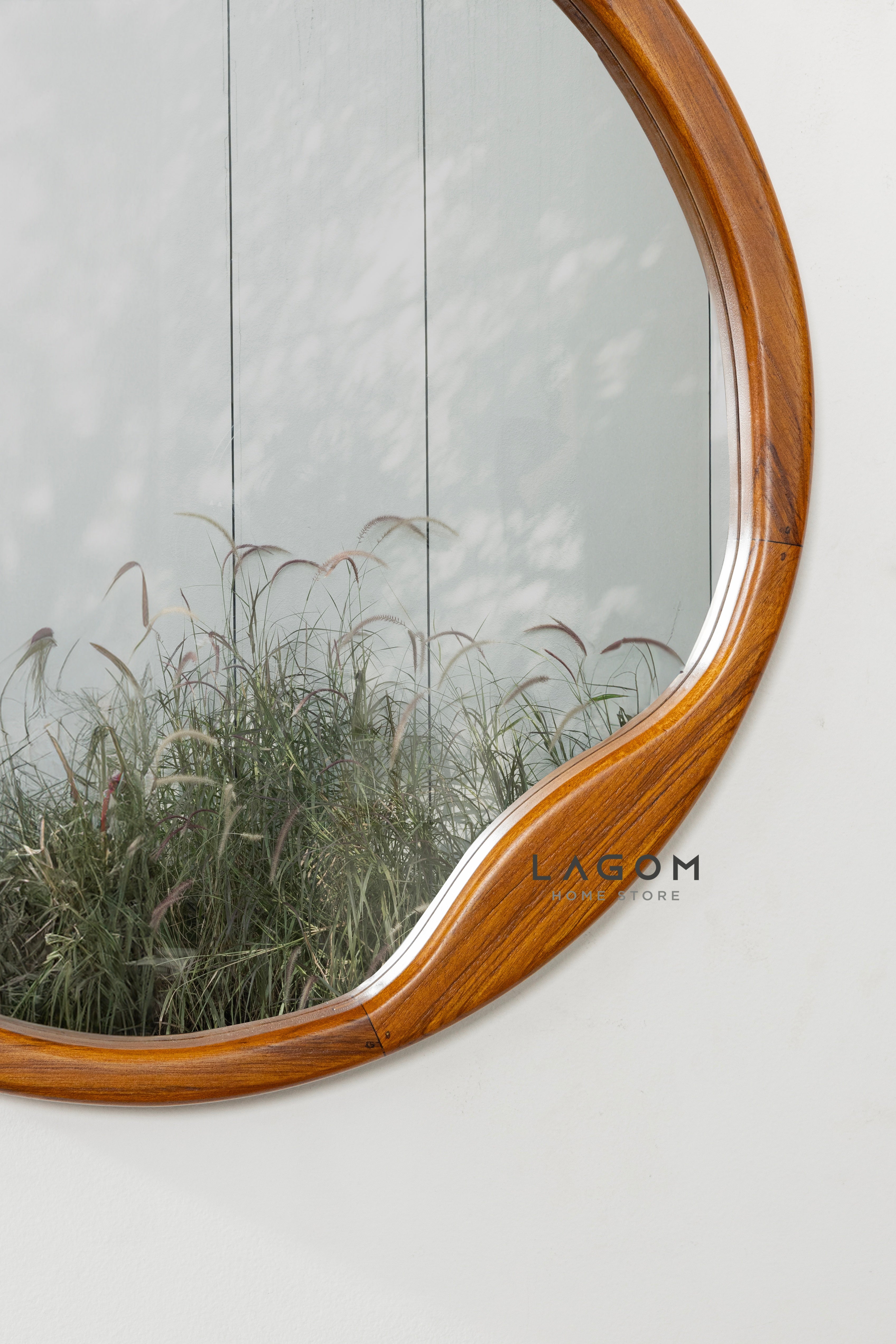 Cermin Estetik Bundar Kayu Jati - Tinggi 60 cm Mirror Lagom Home Store Jati Furnitur Teak Furniture Jakarta