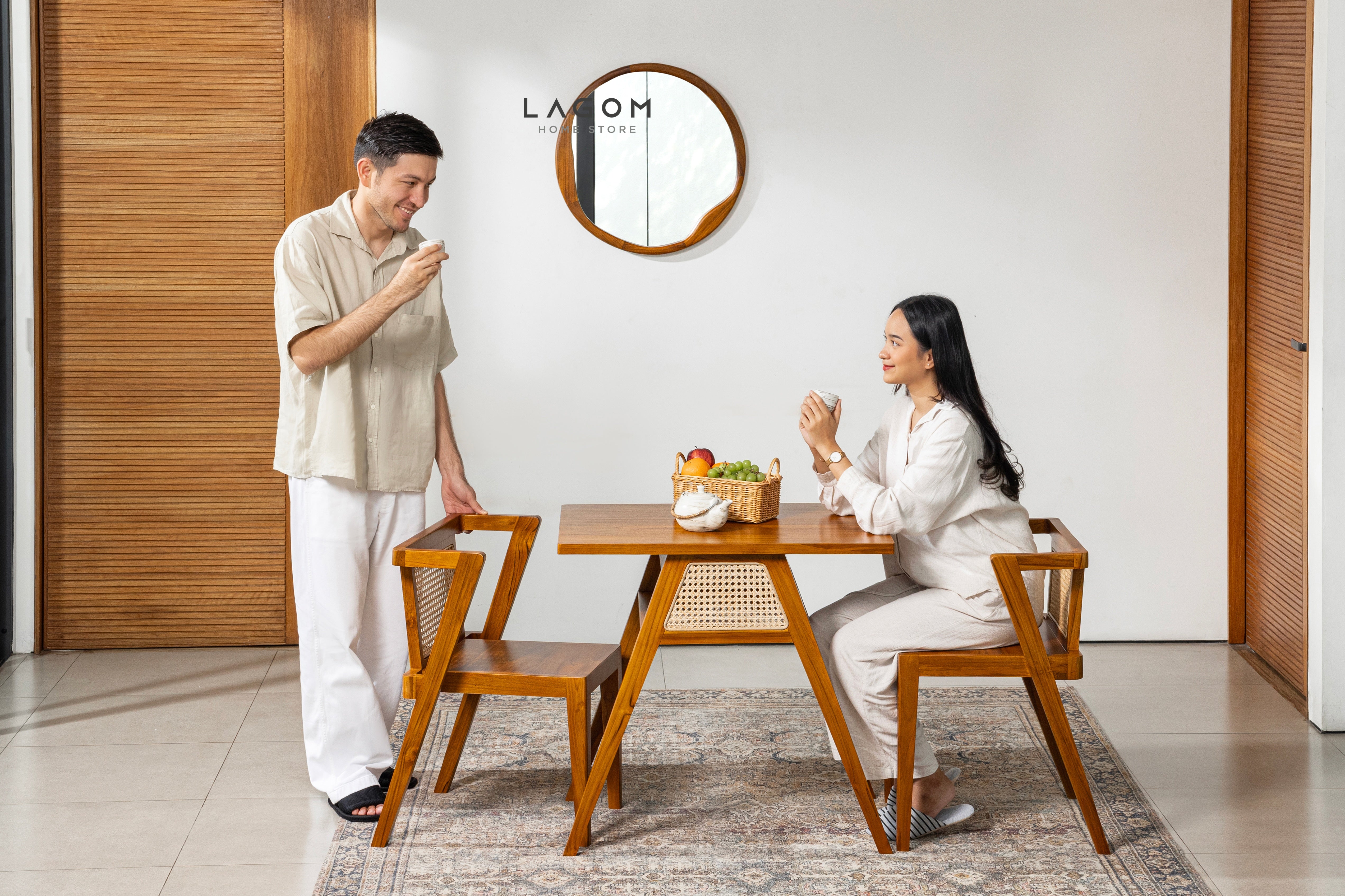 Cermin Estetik Bundar Kayu Jati - Tinggi 60 cm Mirror Lagom Home Store Jati Furnitur Teak Furniture Jakarta