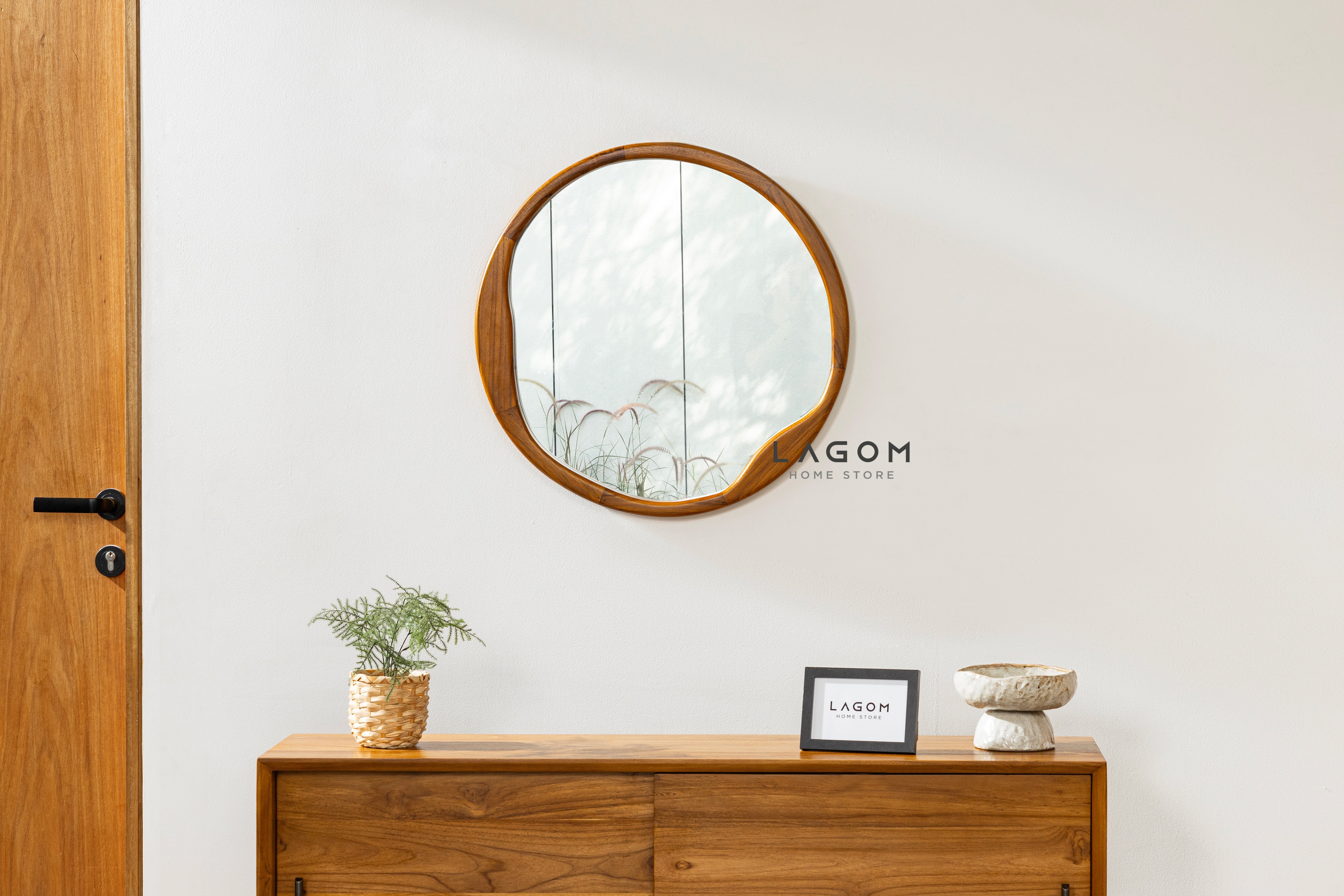 Cermin Estetik Bundar Kayu Jati - Tinggi 60 cm Mirror Lagom Home Store Jati Furnitur Teak Furniture Jakarta