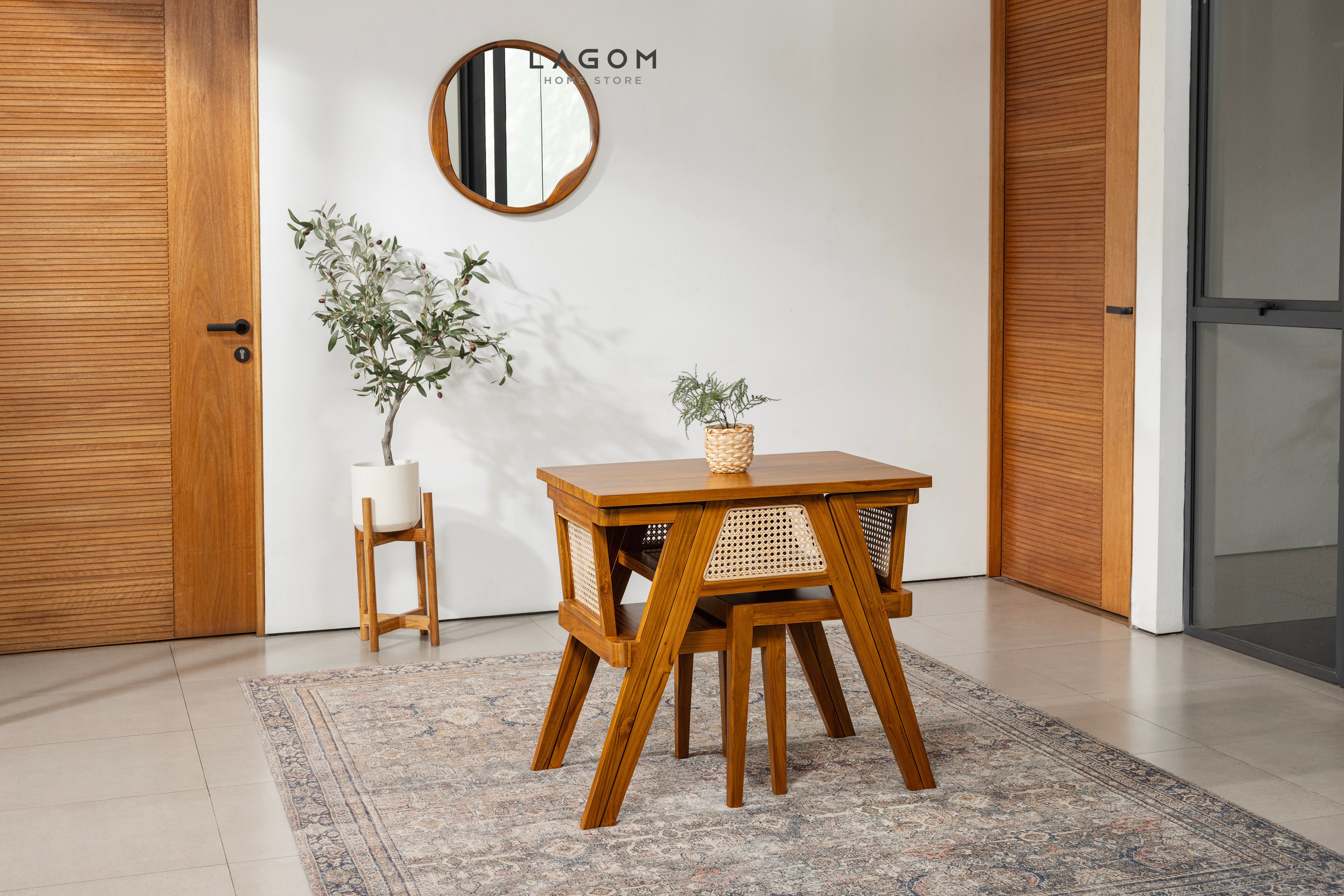 Cermin Estetik Bundar Kayu Jati - Tinggi 60 cm Mirror Lagom Home Store Jati Furnitur Teak Furniture Jakarta