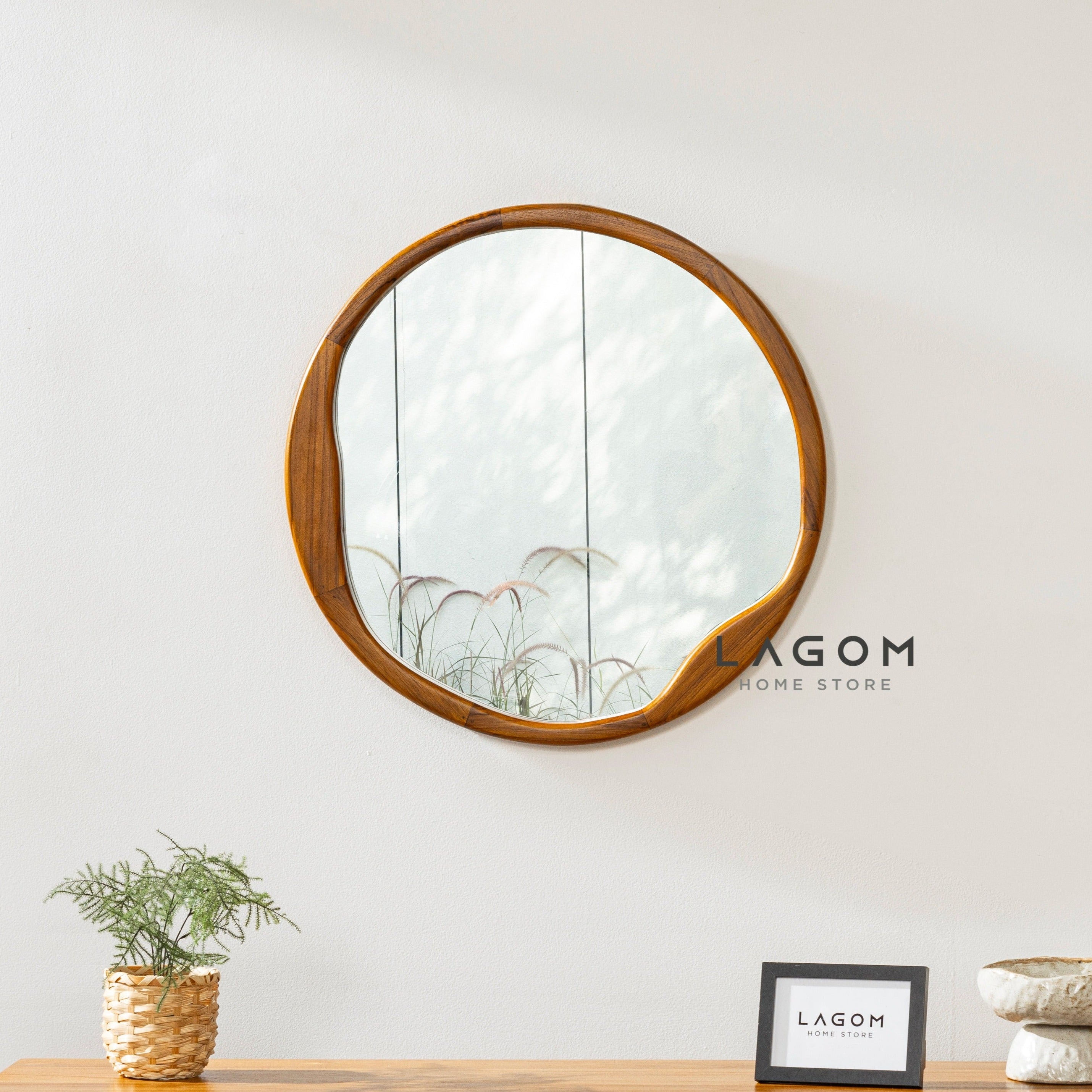 Cermin Estetik Bundar Kayu Jati - Tinggi 60 cm Mirror Lagom Home Store Jati Furnitur Teak Furniture Jakarta