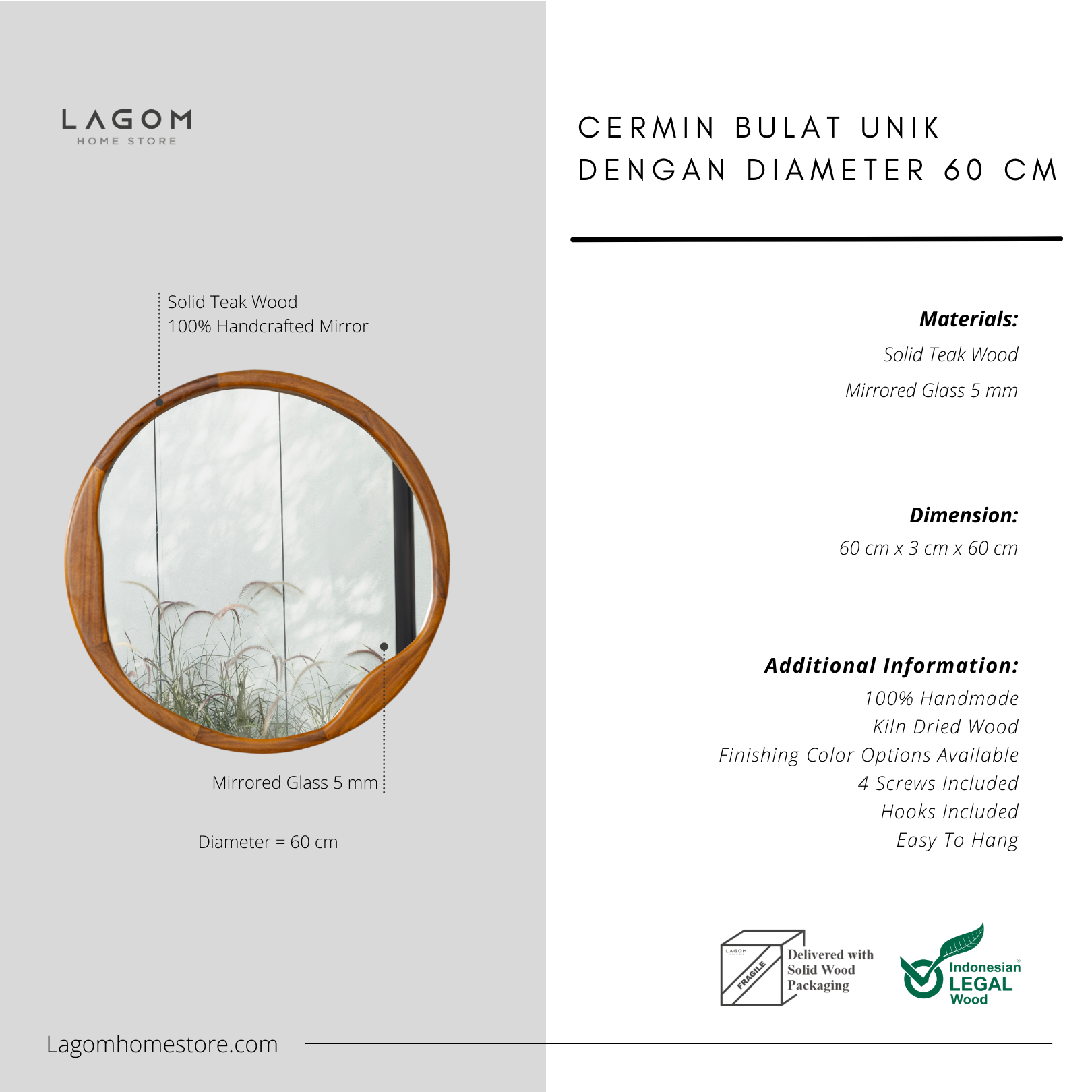 Cermin Estetik Bundar Kayu Jati - Tinggi 60 cm Mirror Lagom Home Store Jati Furnitur Teak Furniture Jakarta