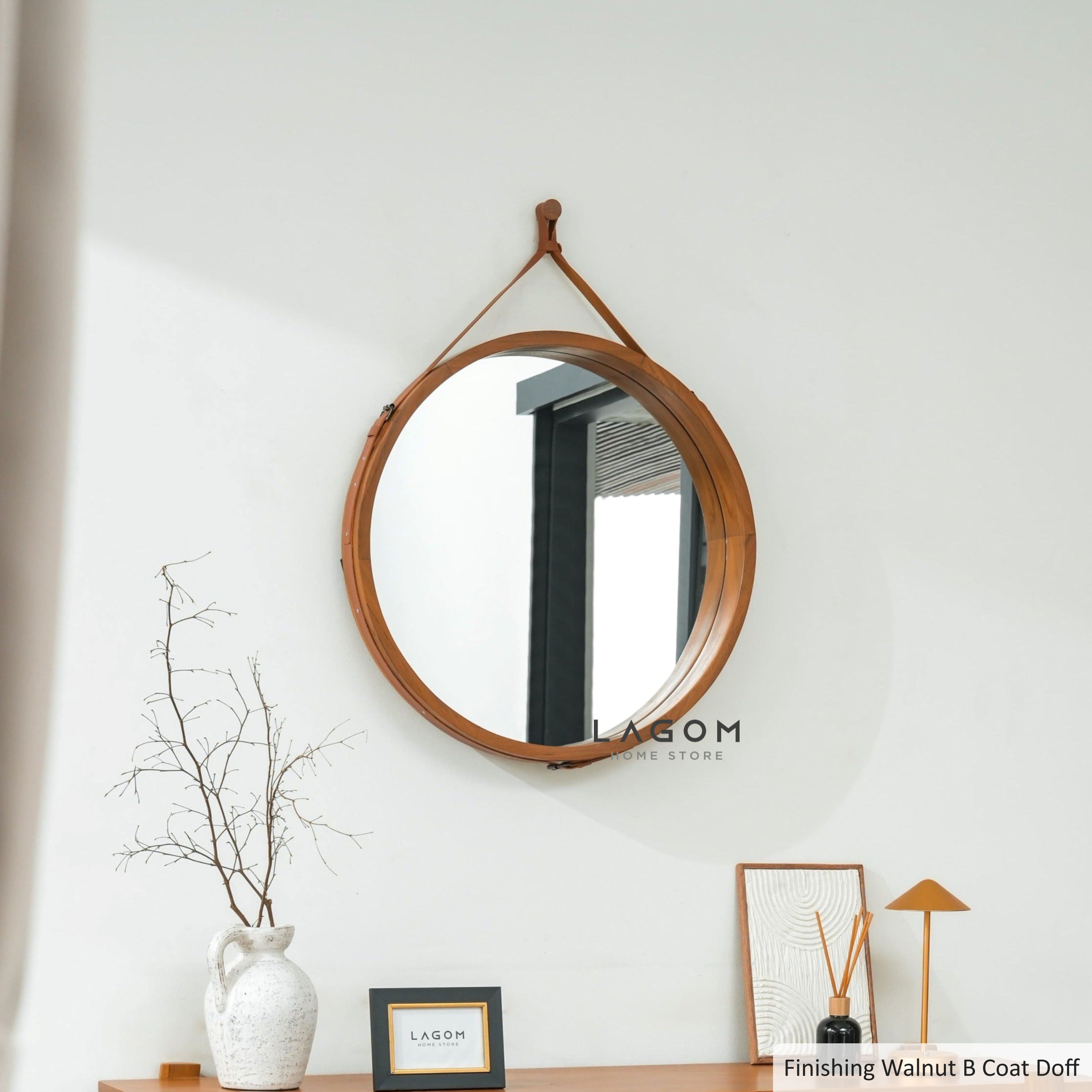 Cermin Gantung Bulat Kayu Jati Solid - Tinggi 110 cm Mirror Lagom Home Store Jati Furnitur Teak Furniture Jakarta
