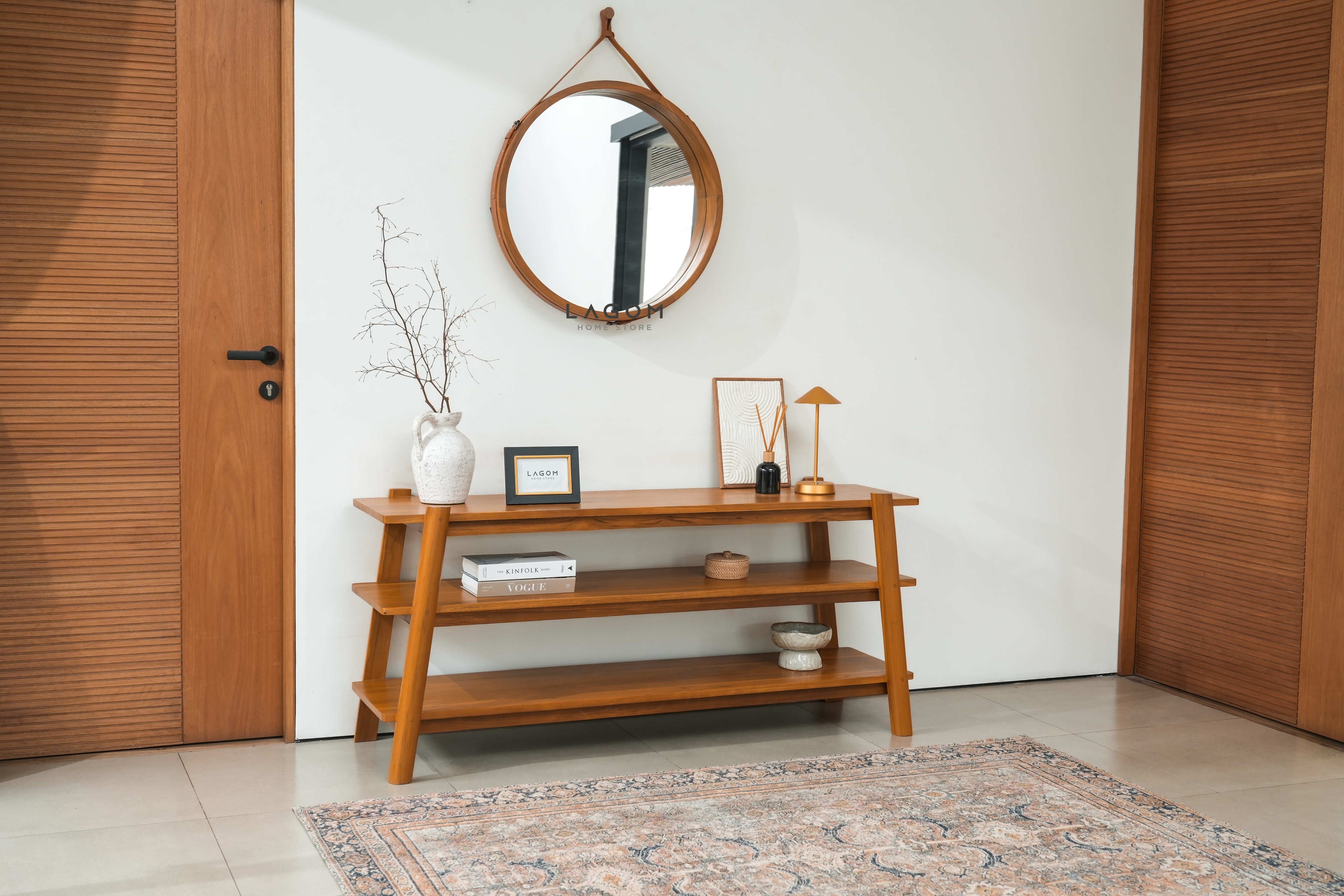Cermin Gantung Bulat Kayu Jati Solid - Tinggi 110 cm Mirror Lagom Home Store Jati Furnitur Teak Furniture Jakarta