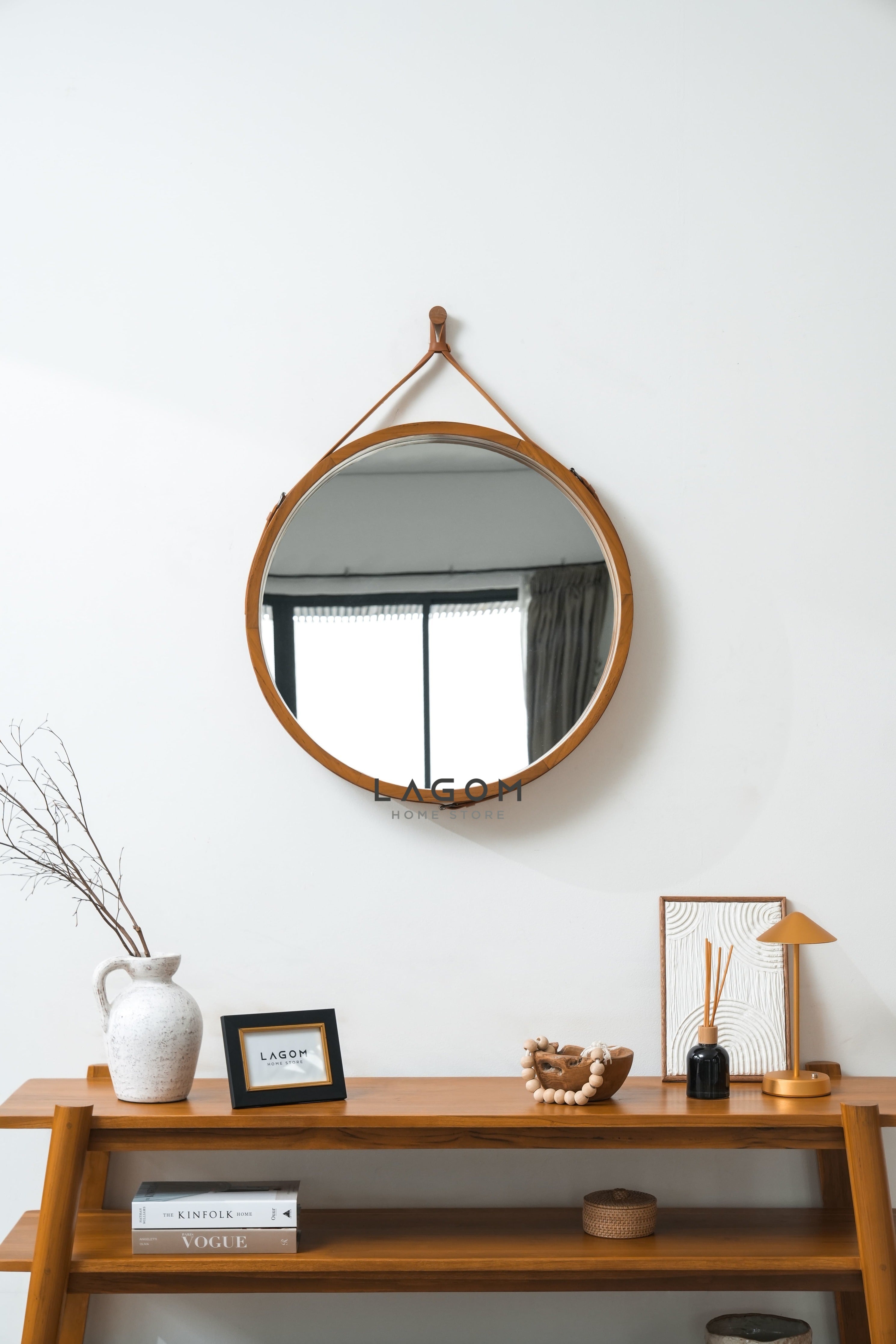 Cermin Gantung Bulat Kayu Jati Solid - Tinggi 110 cm Mirror Lagom Home Store Jati Furnitur Teak Furniture Jakarta
