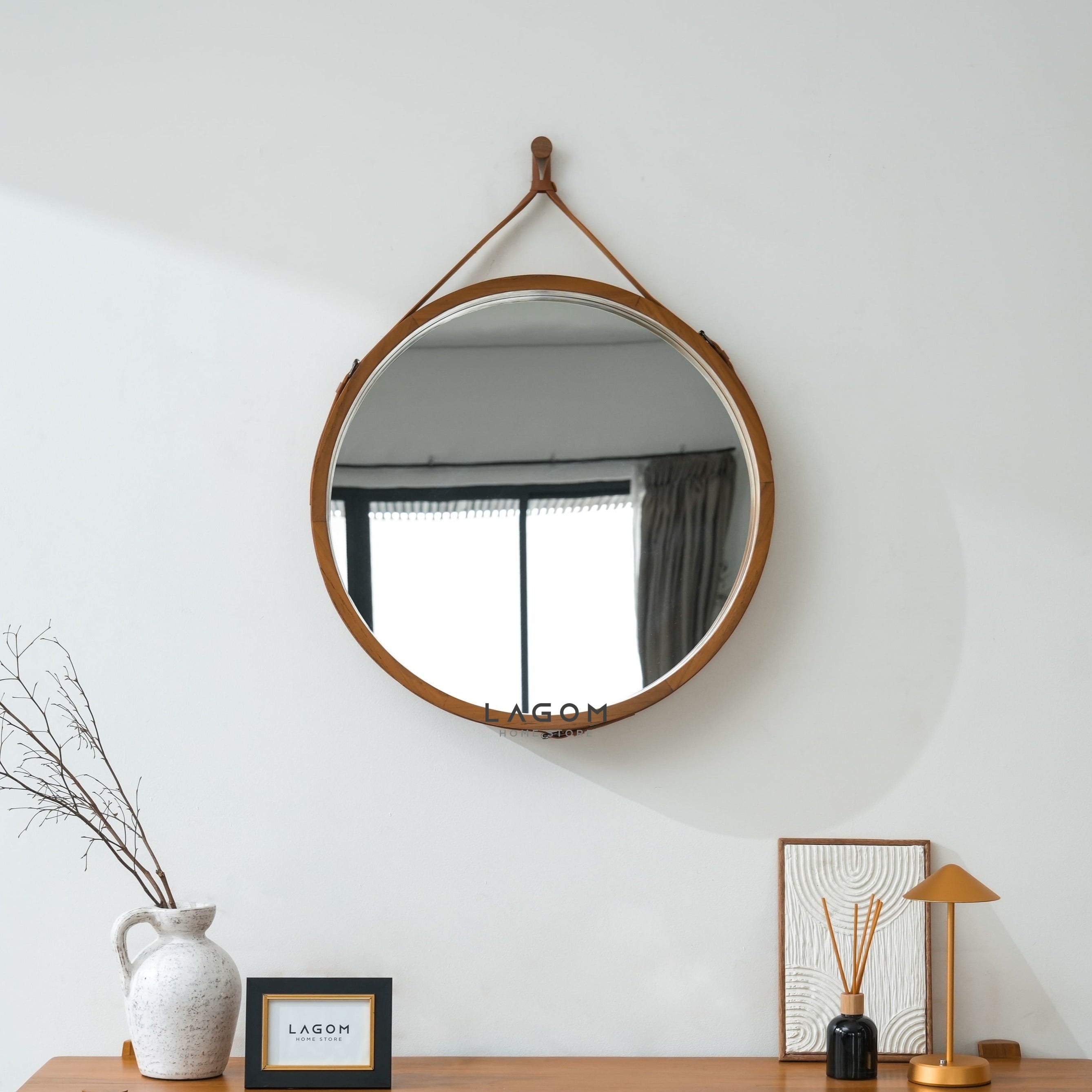 Cermin Gantung Bulat Kayu Jati Solid - Tinggi 110 cm Mirror Lagom Home Store Jati Furnitur Teak Furniture Jakarta