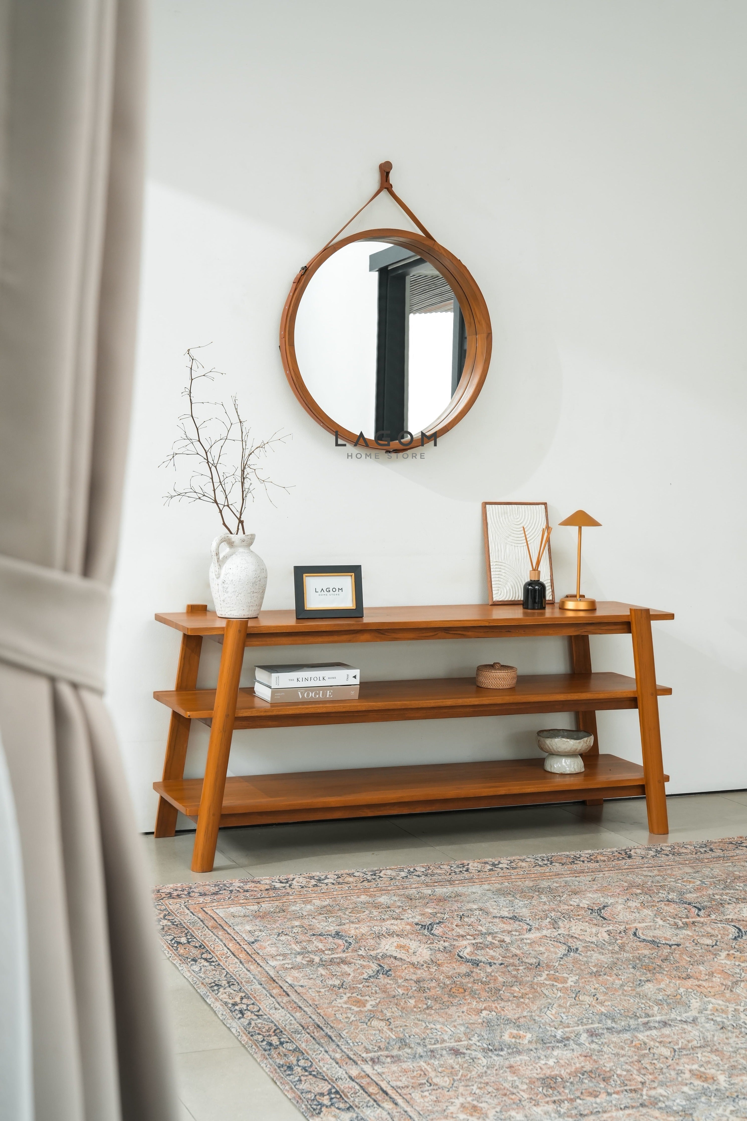 Cermin Gantung Bulat Kayu Jati Solid - Tinggi 110 cm Mirror Lagom Home Store Jati Furnitur Teak Furniture Jakarta