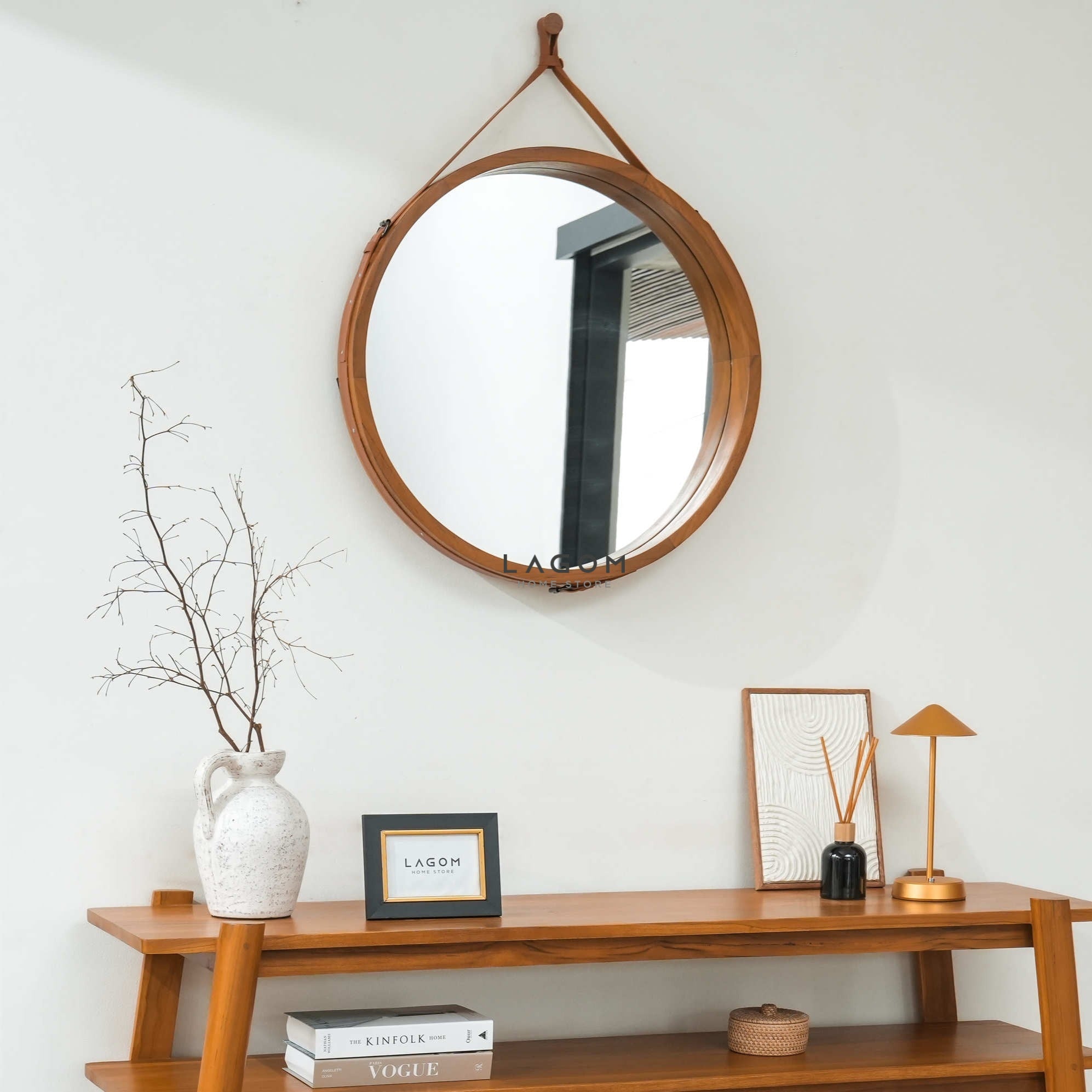 Cermin Gantung Bulat Kayu Jati Solid - Tinggi 110 cm Mirror Lagom Home Store Jati Furnitur Teak Furniture Jakarta