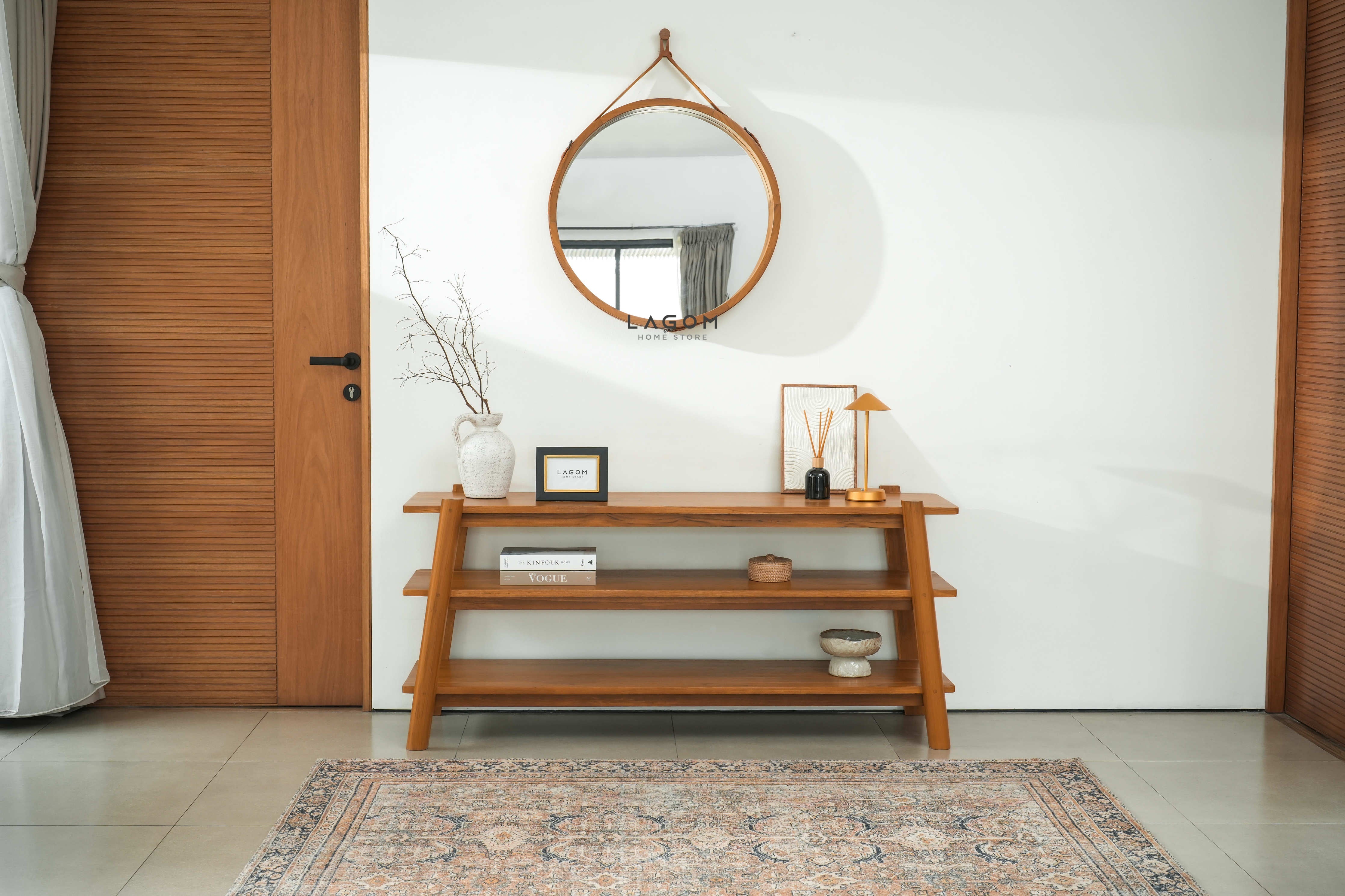 Cermin Gantung Bulat Kayu Jati Solid - Tinggi 110 cm Mirror Lagom Home Store Jati Furnitur Teak Furniture Jakarta